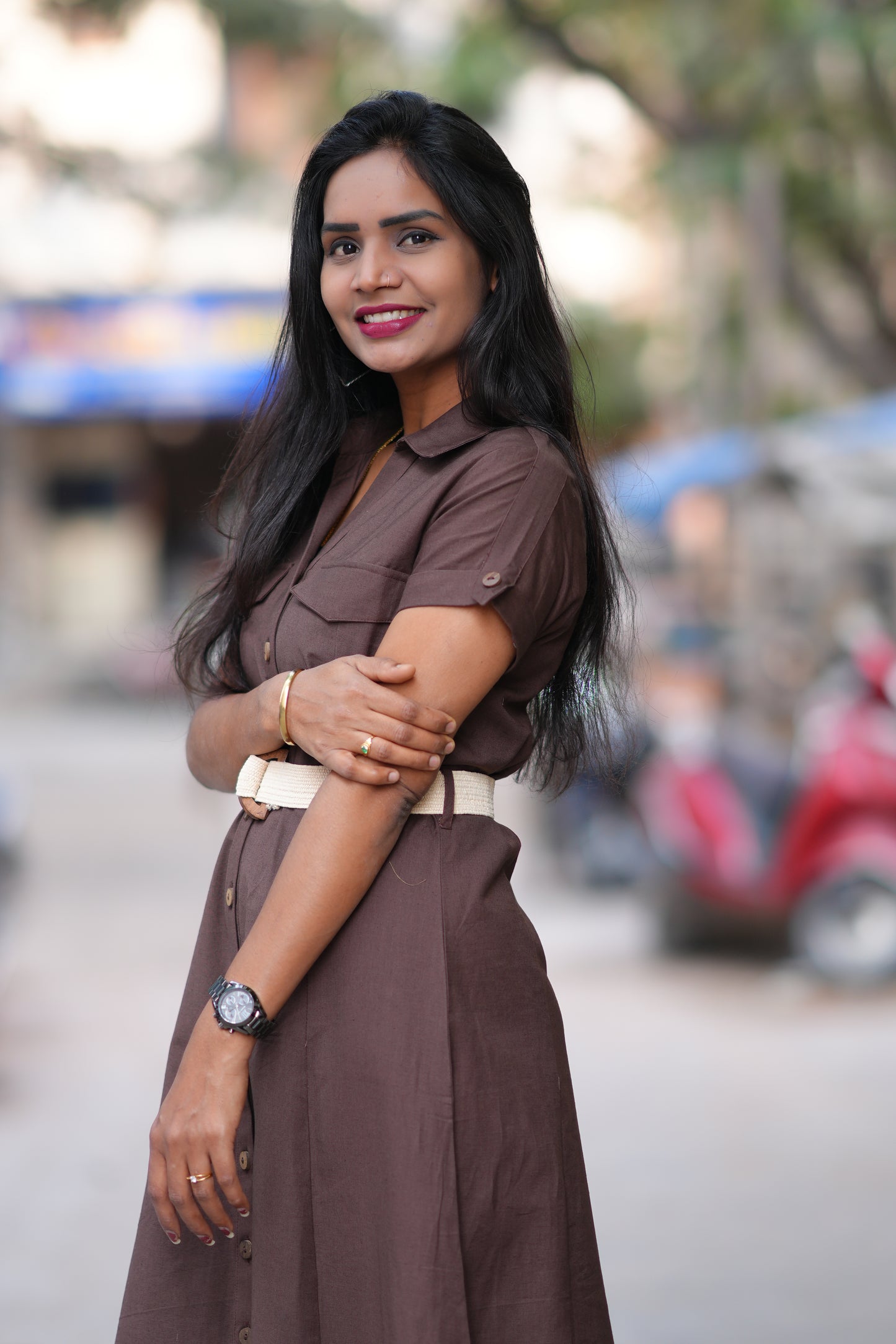 Brown Color Jaipur Cotton Frock With Belt