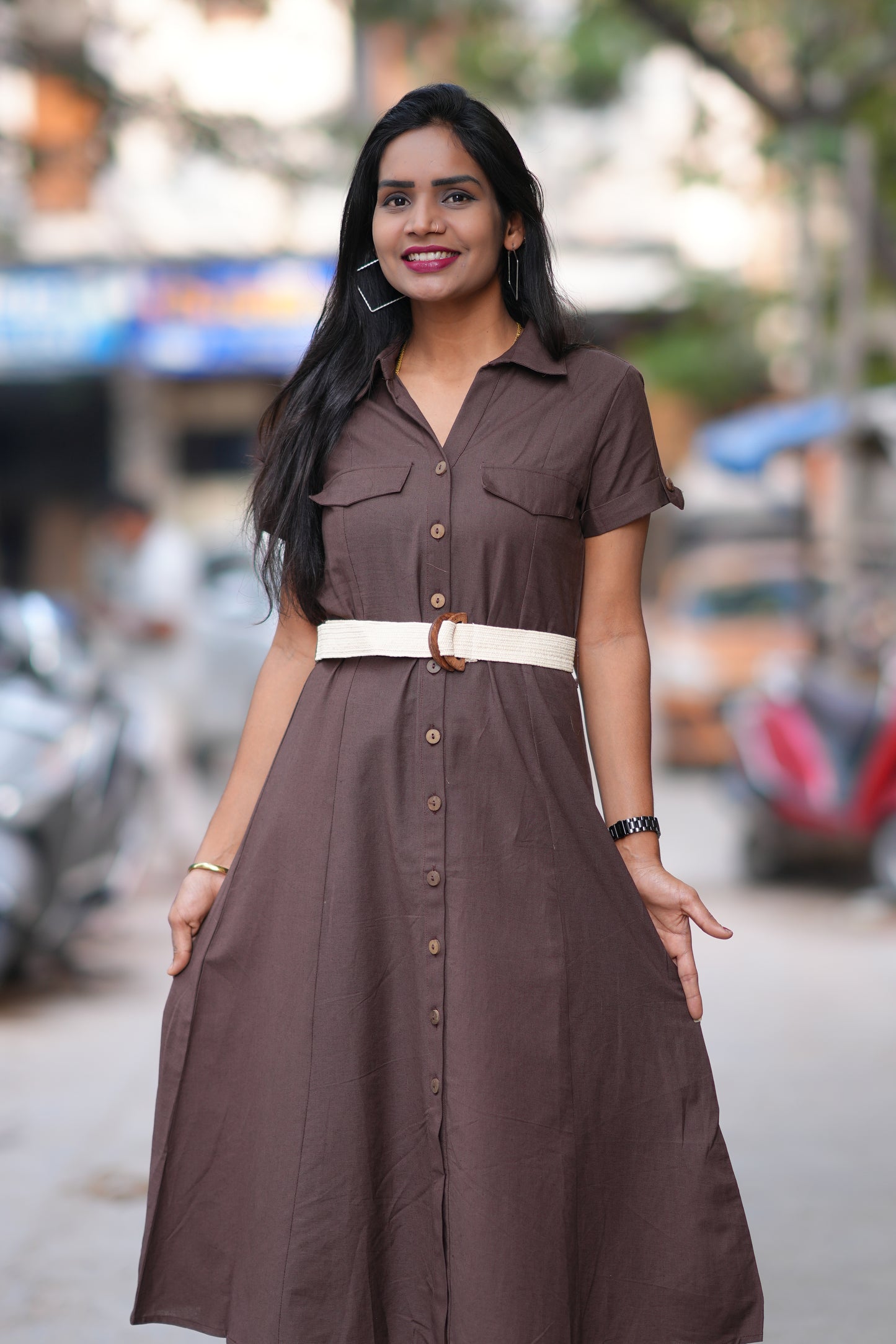 Brown Color Jaipur Cotton Frock With Belt
