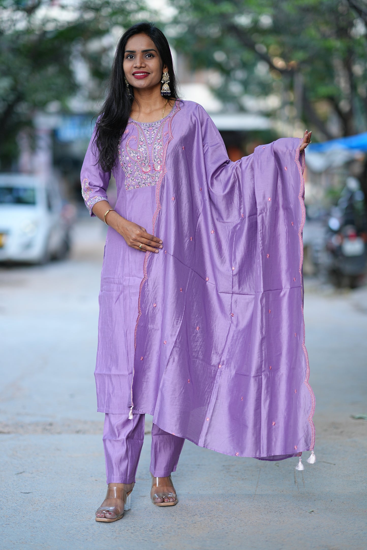 Purple Desginer Wear 3 Piece Set in Viscose Fabric