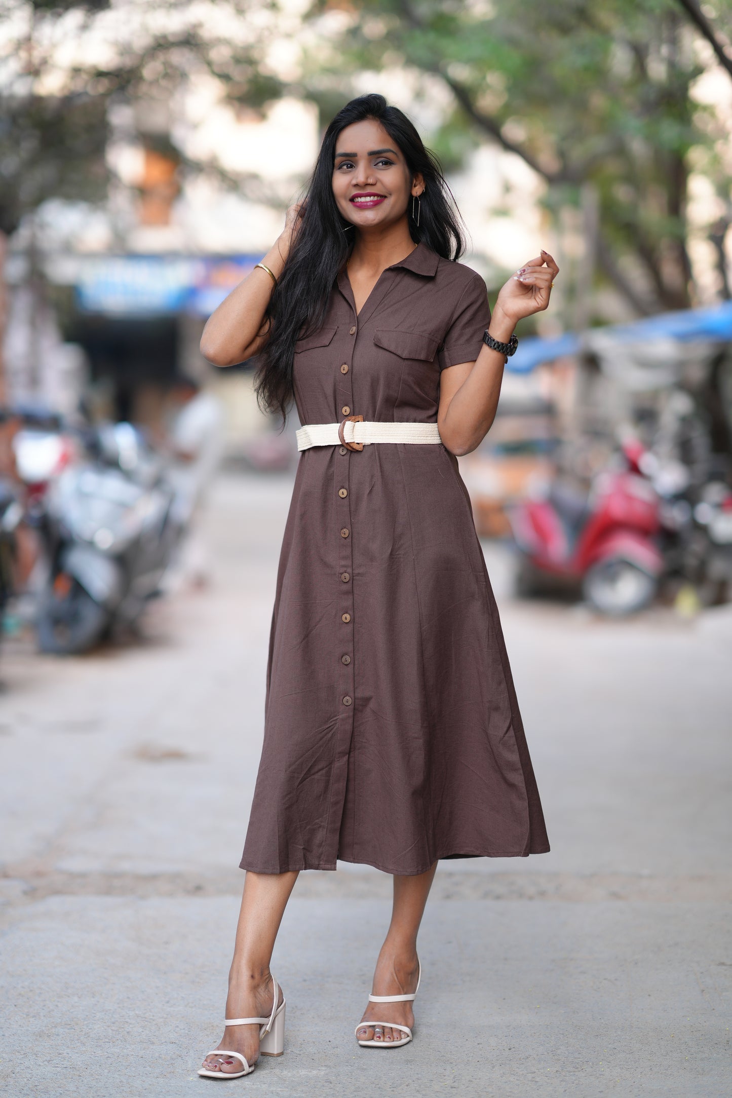 Brown Color Jaipur Cotton Frock With Belt