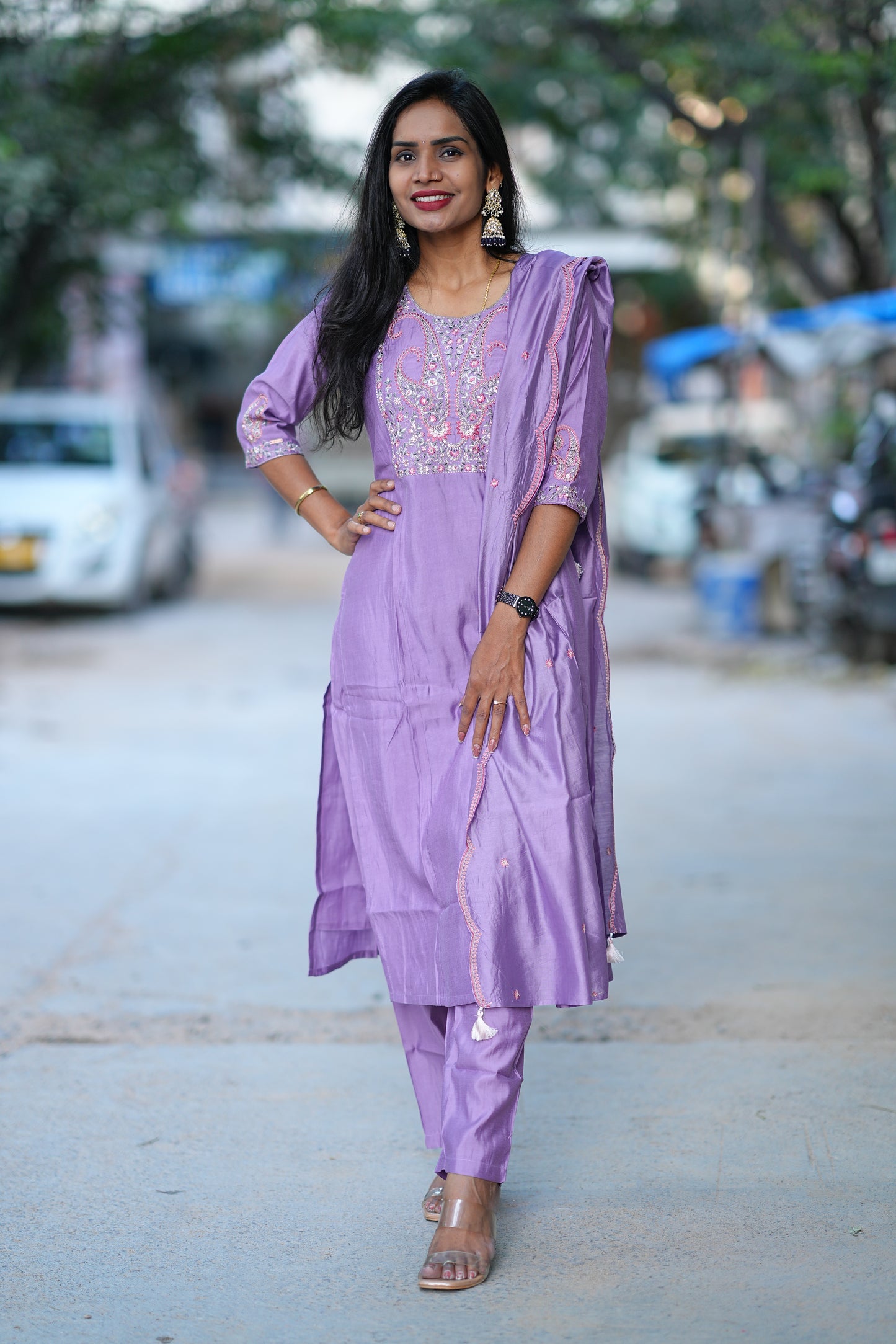 Purple Desginer Wear 3 Piece Set in Viscose Fabric