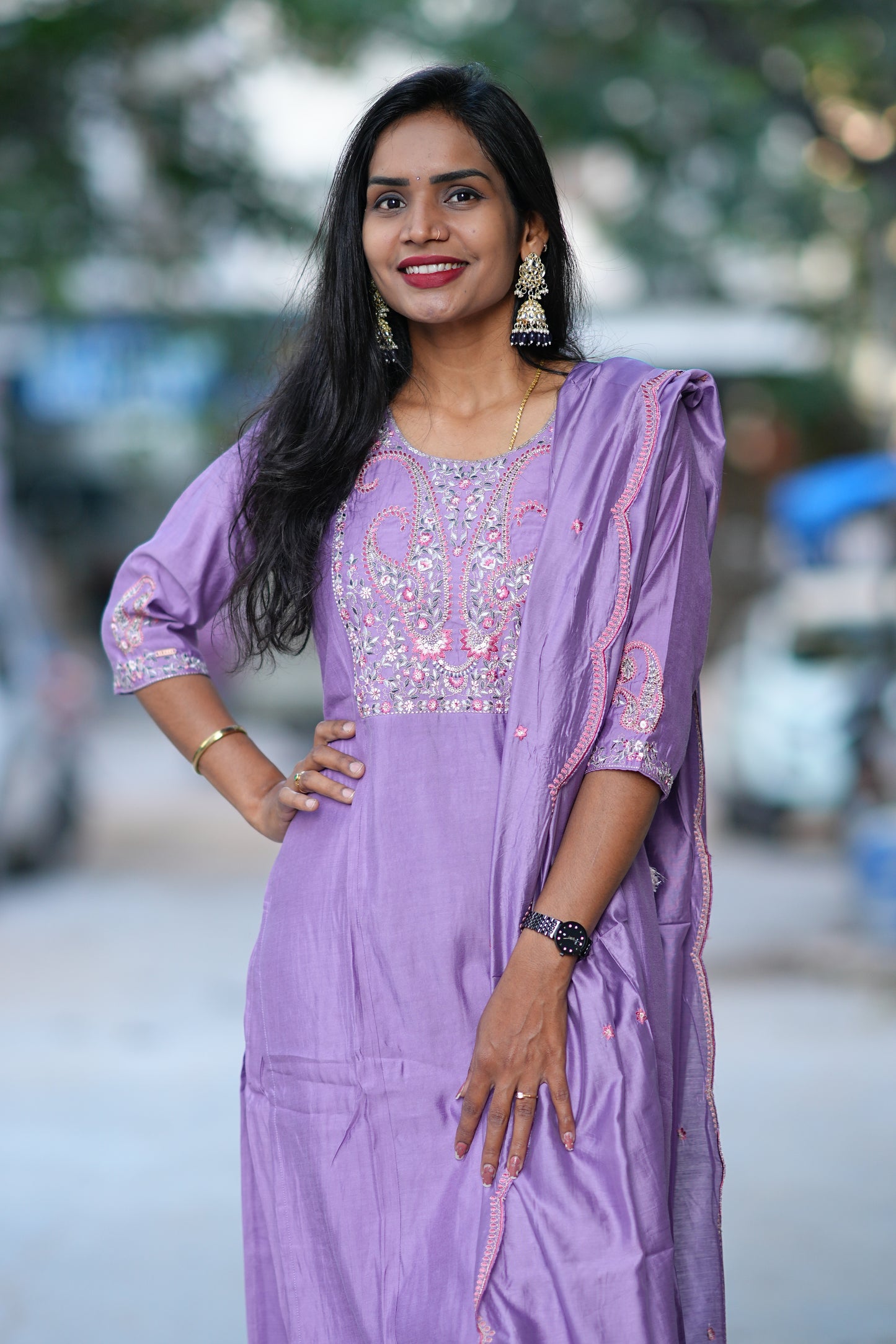 Purple Desginer Wear 3 Piece Set in Viscose Fabric