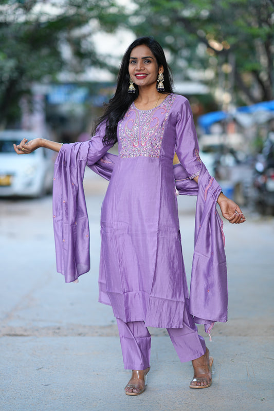 Purple Desginer Wear 3 Piece Set in Viscose Fabric