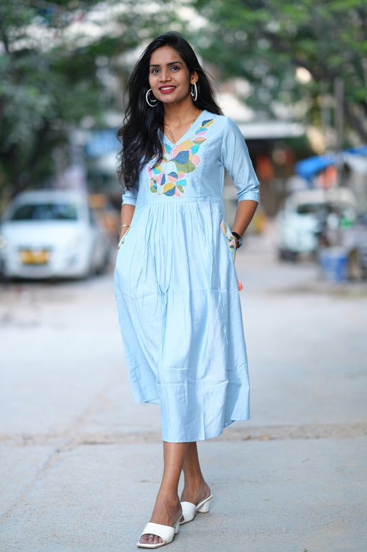 SKy Blue Viscose Party Wear Frock