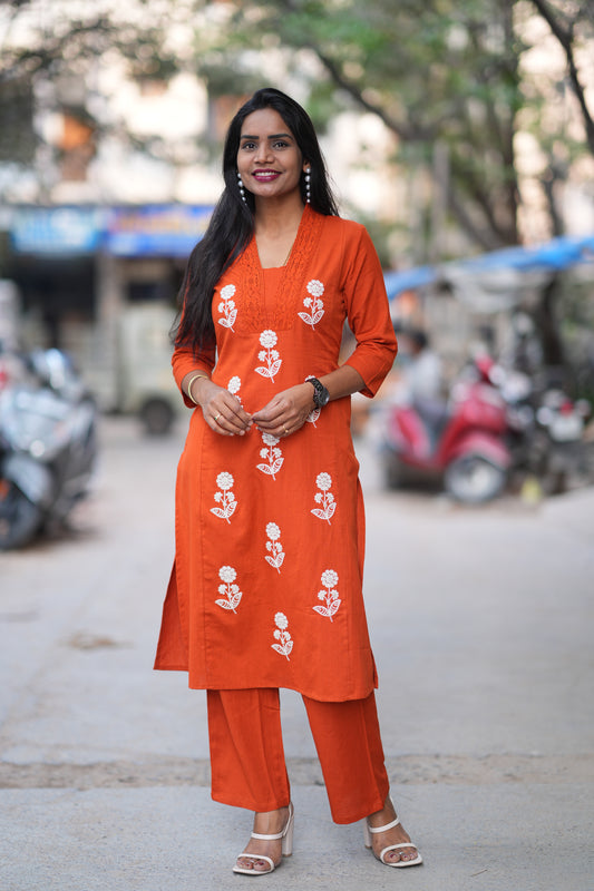 Orange Color Jaipuri Cord Set With Thread Embroidery Work