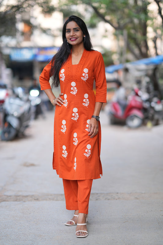 Orange Color Jaipuri Cord Set With Thread Embroidery Work