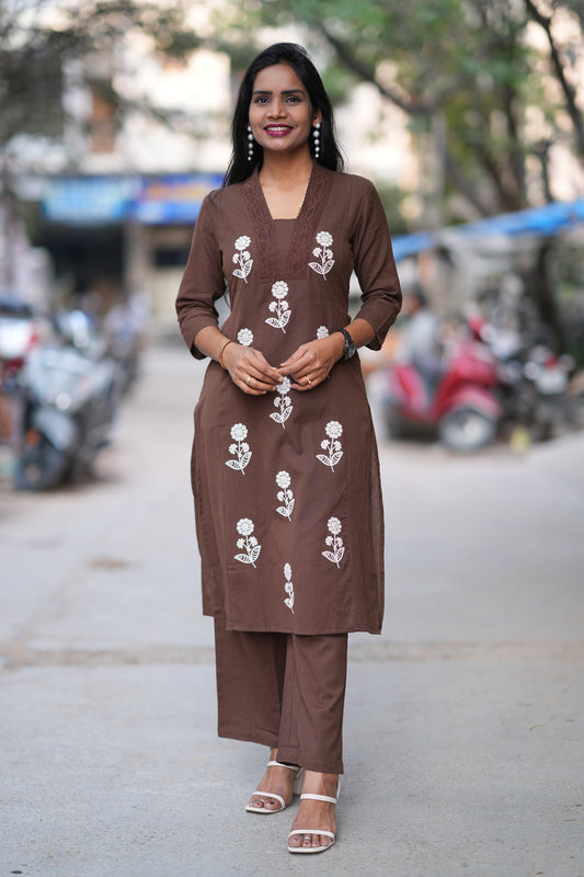 Brown Color Jaipuri Cord Set With Thread Embroidery Work