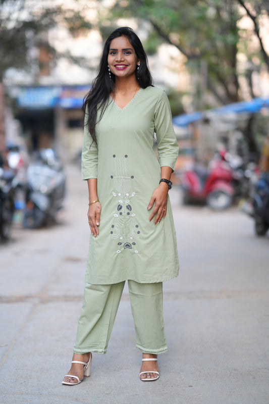 Pista Green Color Jaipuri Cotton Cord Set With Embroidery Work and Complete Lining