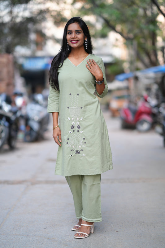 Pista Green Color Jaipuri Cotton Cord Set With Embroidery Work and Complete Lining