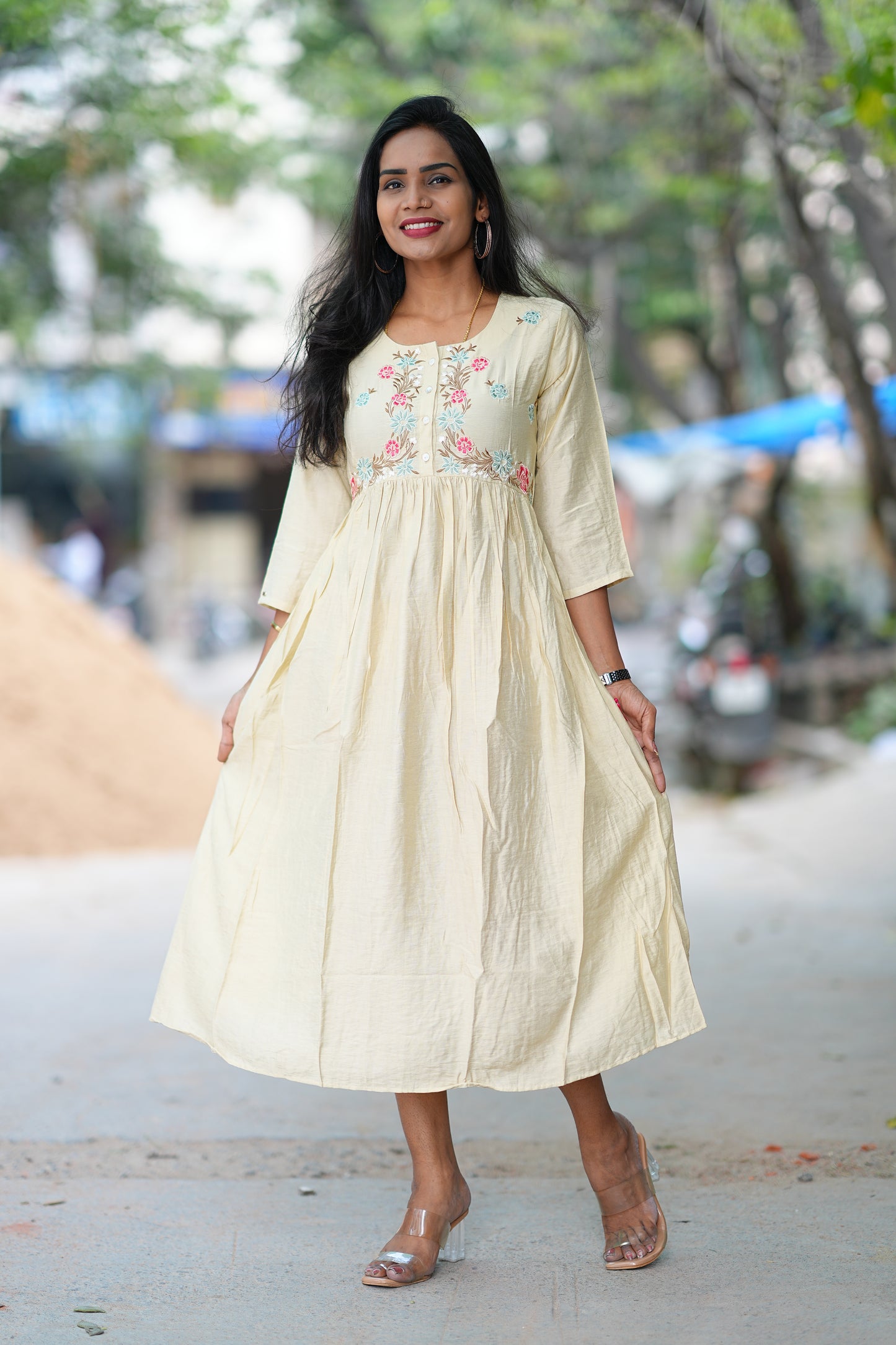 Cream Color Viscose Party Wear Frock