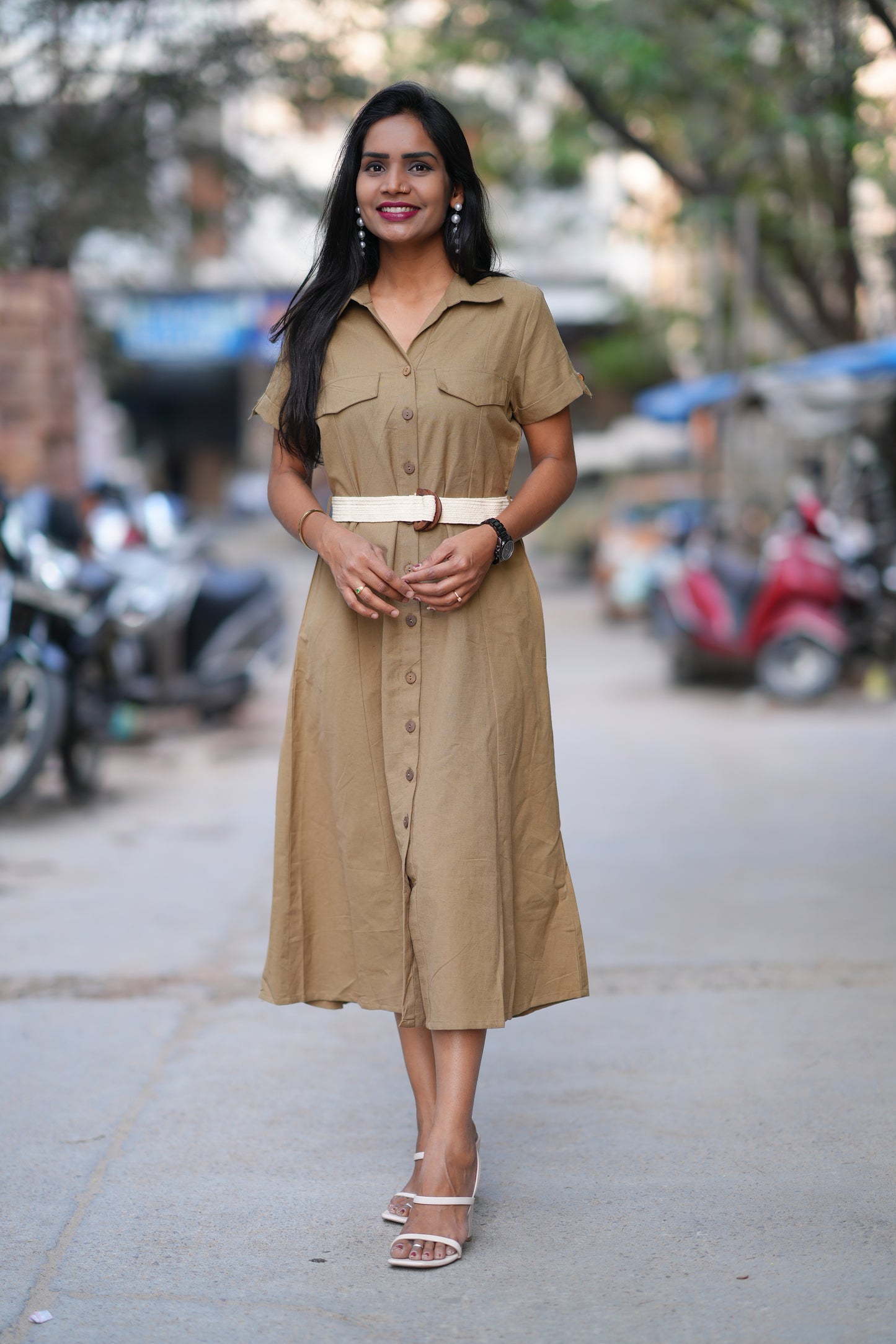 Light Brown Color Jaipur Cotton Frock With Belt