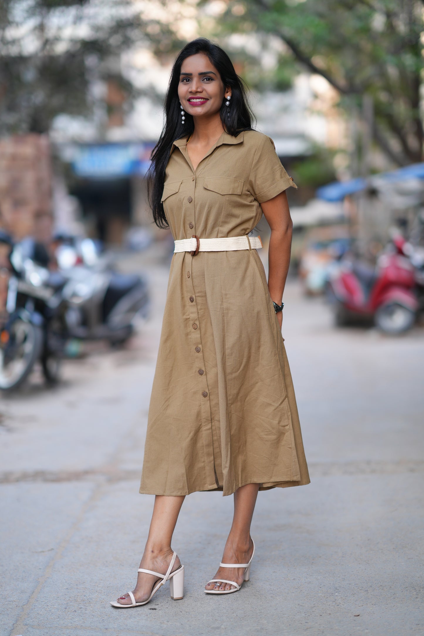Light Brown Color Jaipur Cotton Frock With Belt