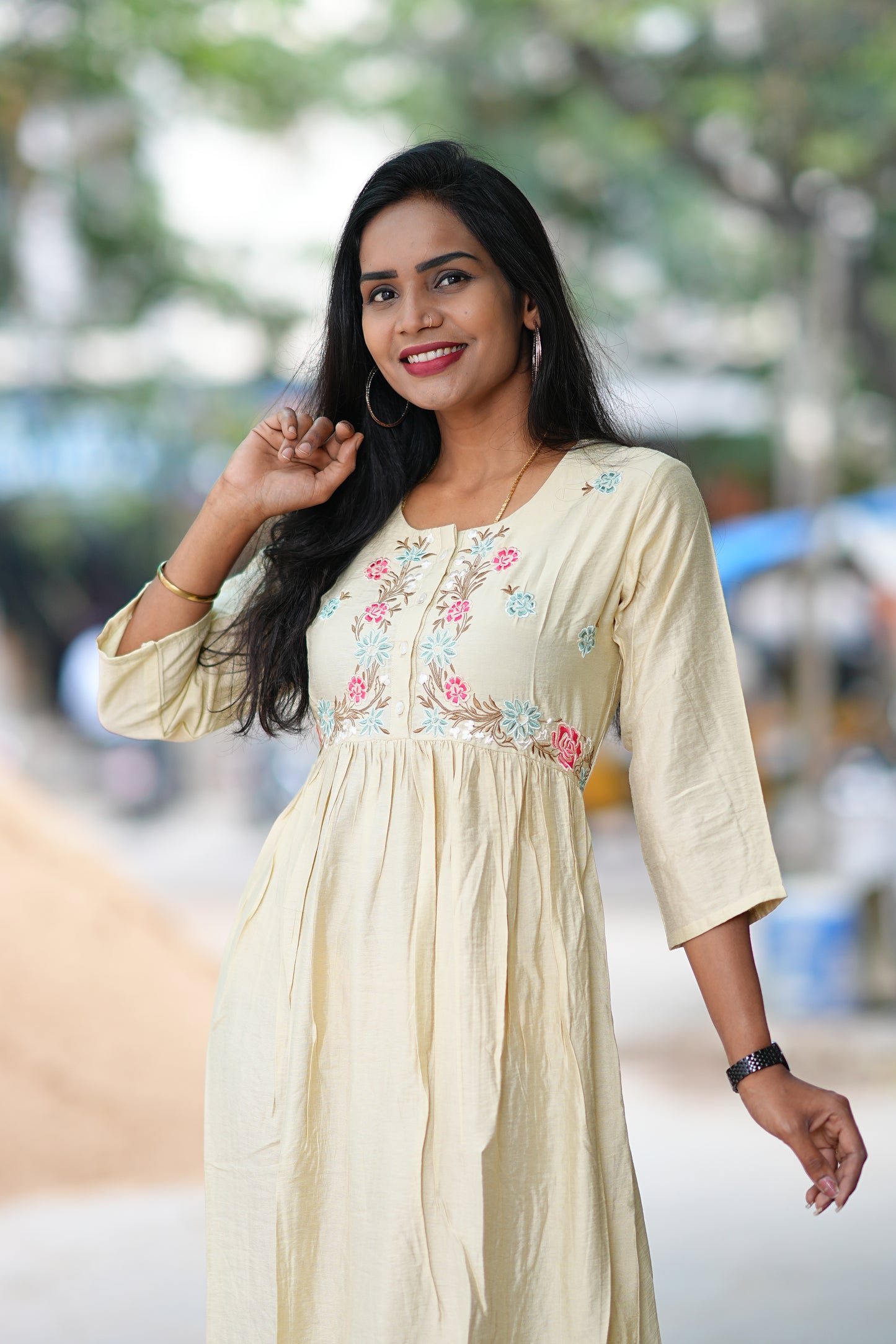 Cream Color Viscose Party Wear Frock