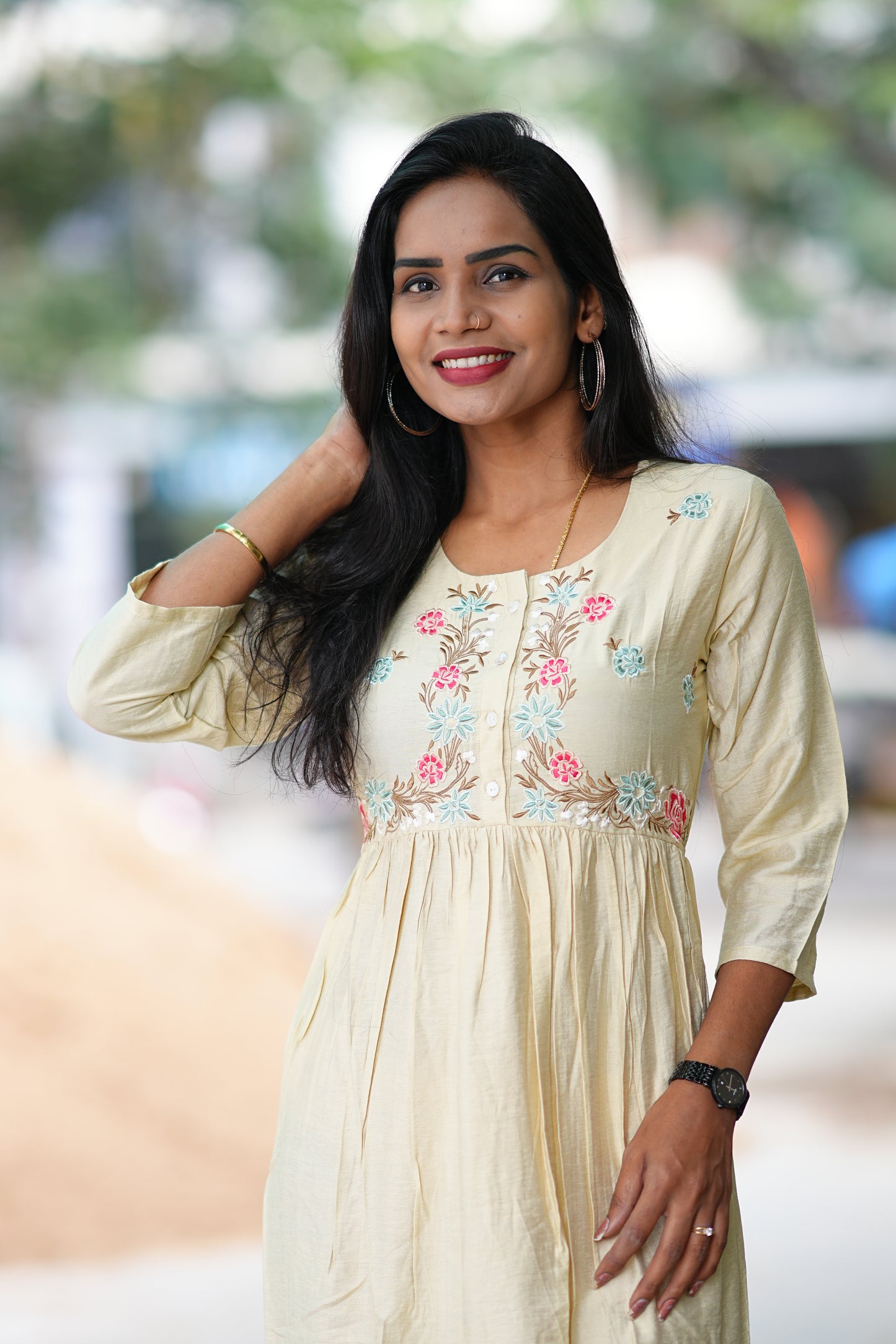 Cream Color Viscose Party Wear Frock