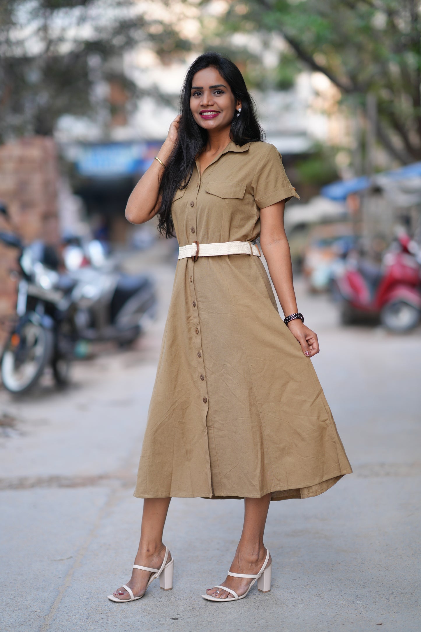 Light Brown Color Jaipur Cotton Frock With Belt