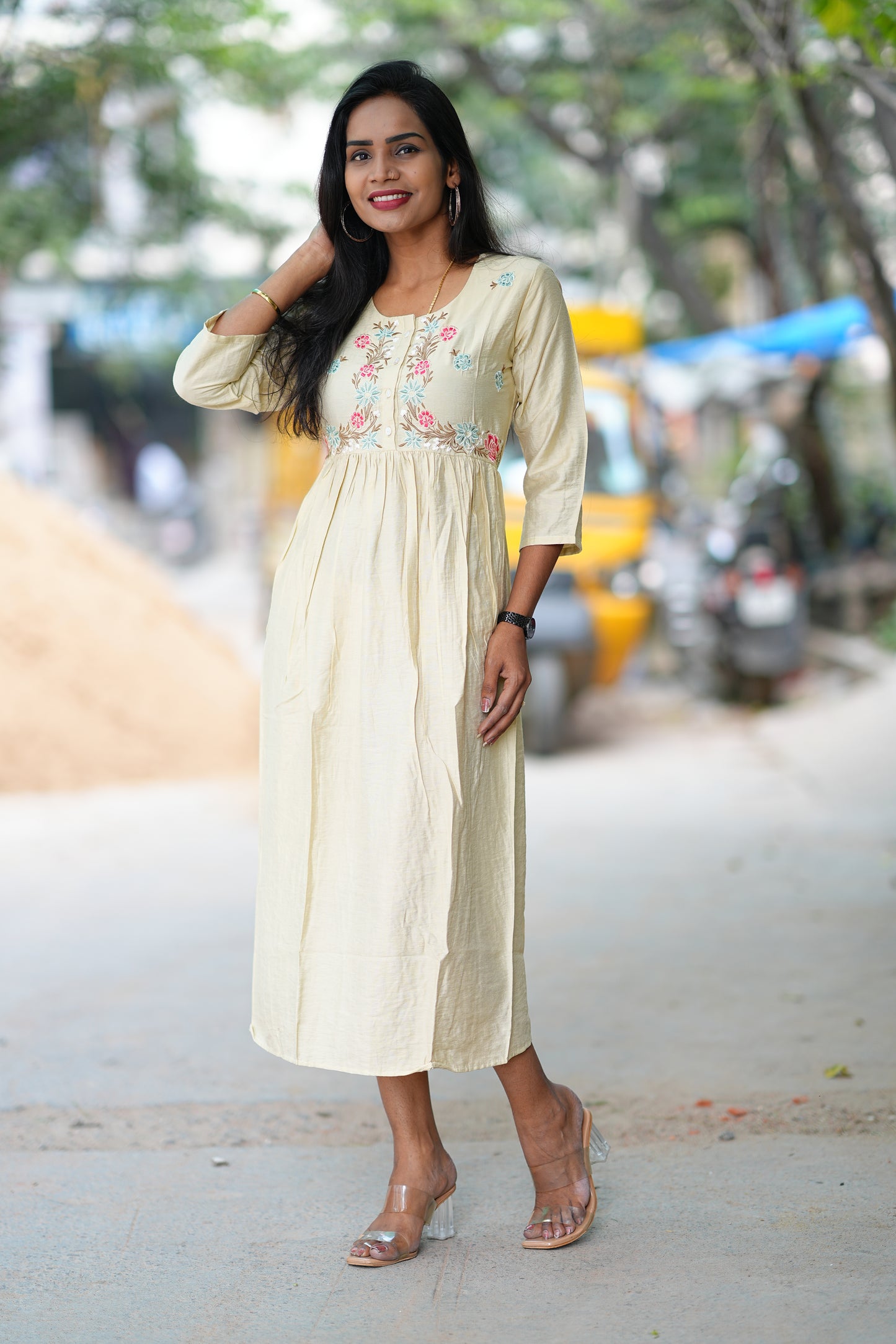 Cream Color Viscose Party Wear Frock