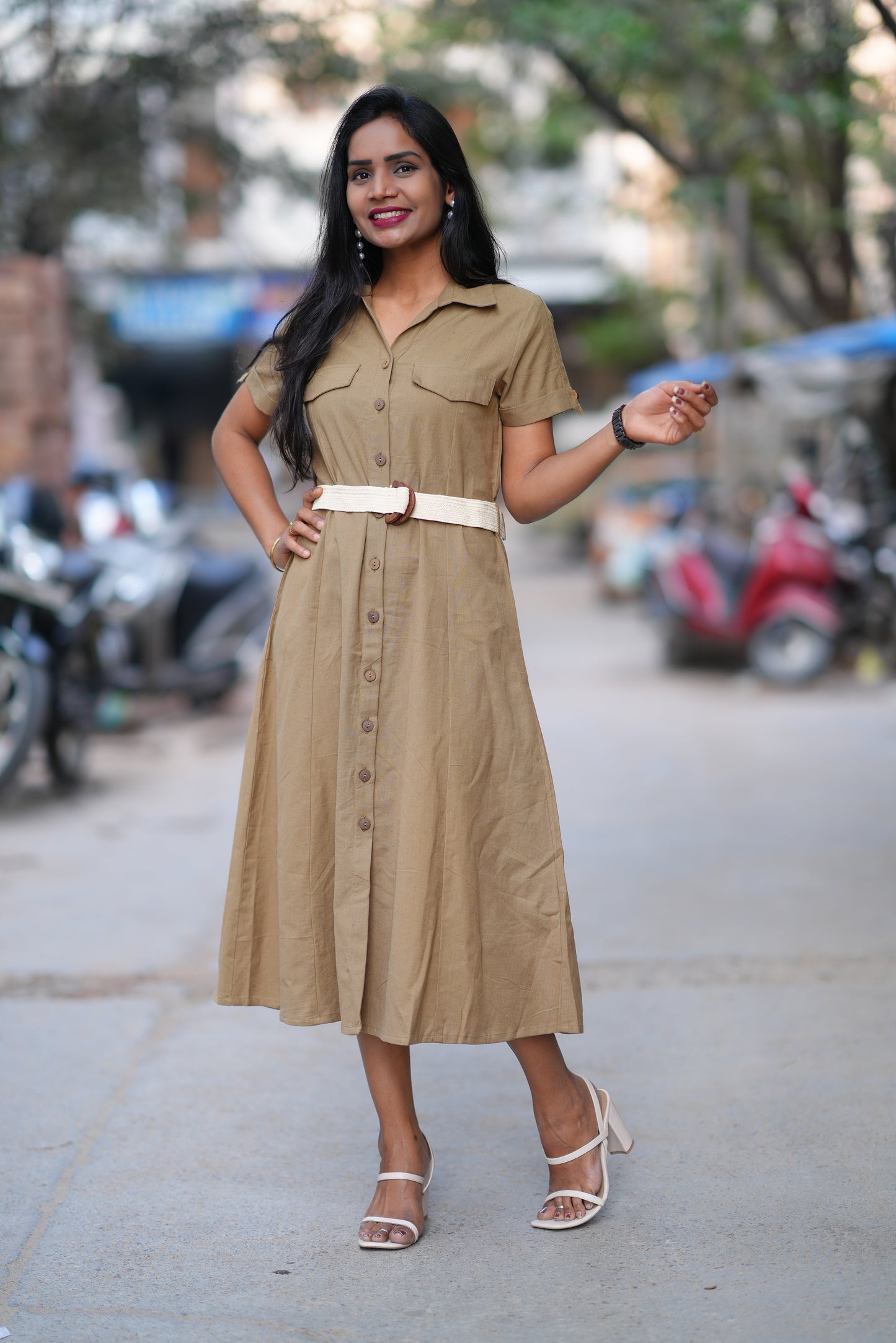 Light Brown Color Jaipur Cotton Frock With Belt