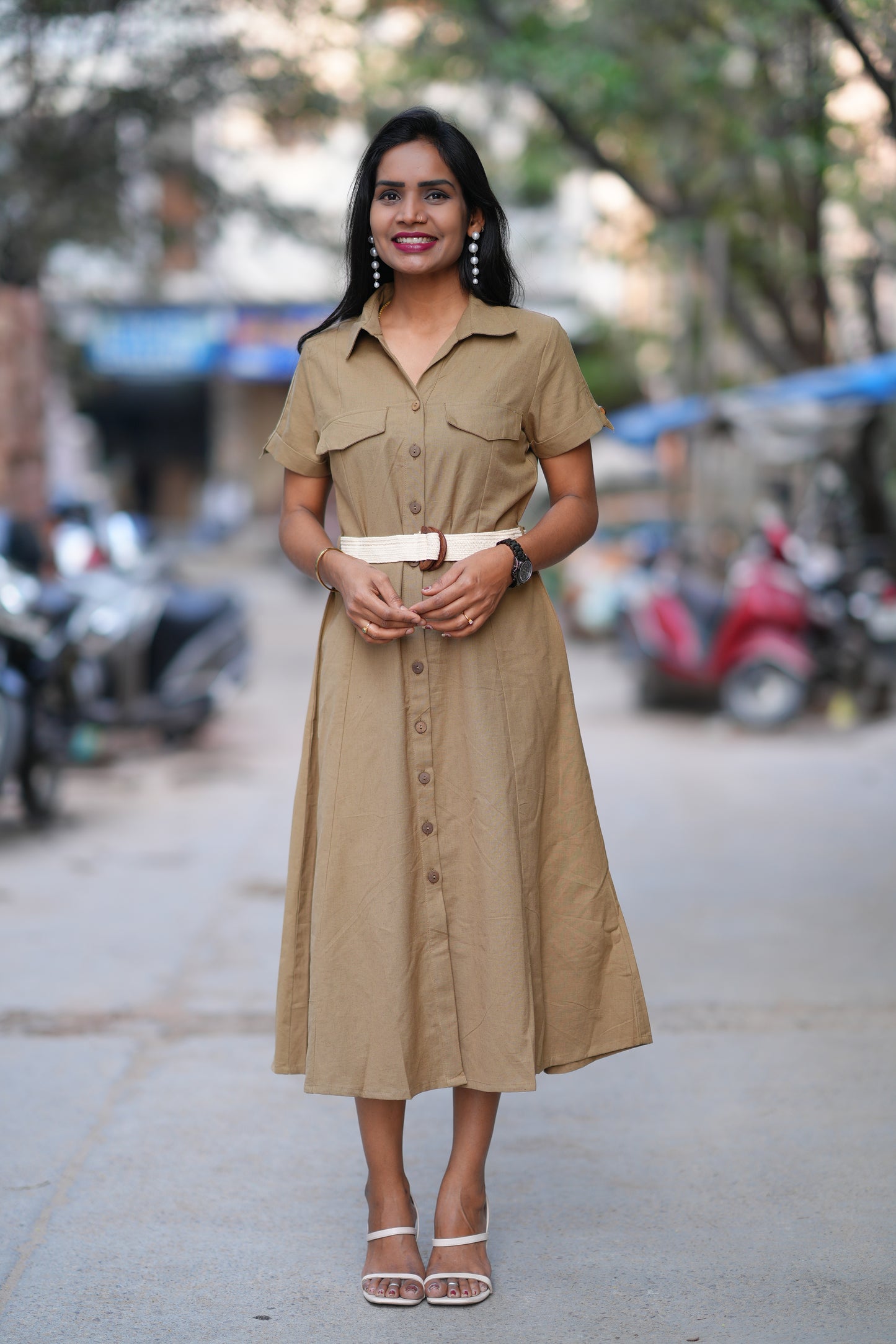 Light Brown Color Jaipur Cotton Frock With Belt