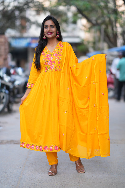 Yellow Color Mul Cotton 3 Piece With Embroidery Work and Complete Lining