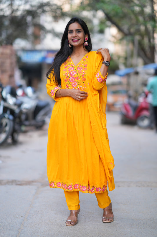 Yellow Color Mul Cotton 3 Piece With Embroidery Work and Complete Lining