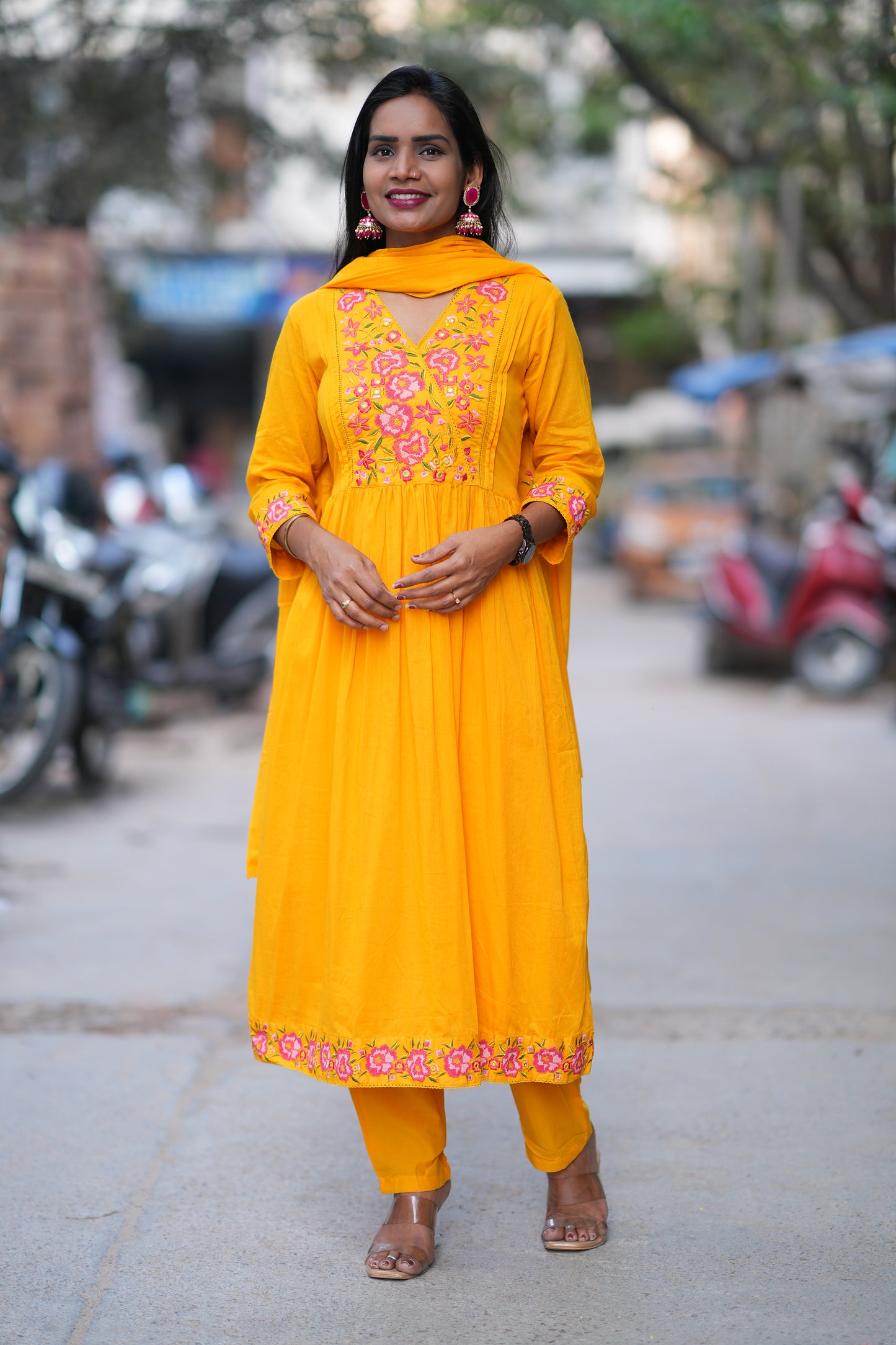 Yellow Color Mul Cotton 3 Piece With Embroidery Work and Complete Lining