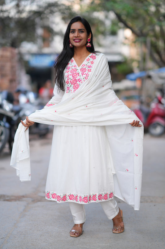 White Color Mul Cotton 3 Piece With Embroidery Work and Complete Lining