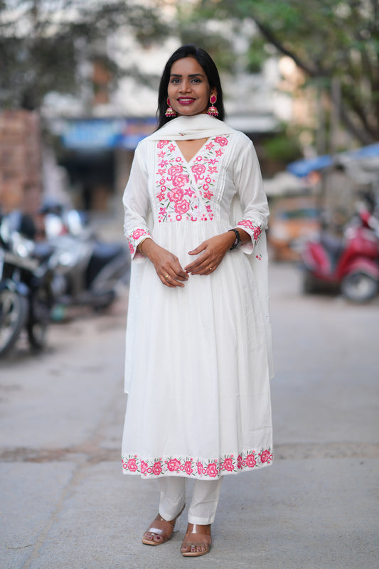 White Color Mul Cotton 3 Piece With Embroidery Work and Complete Lining