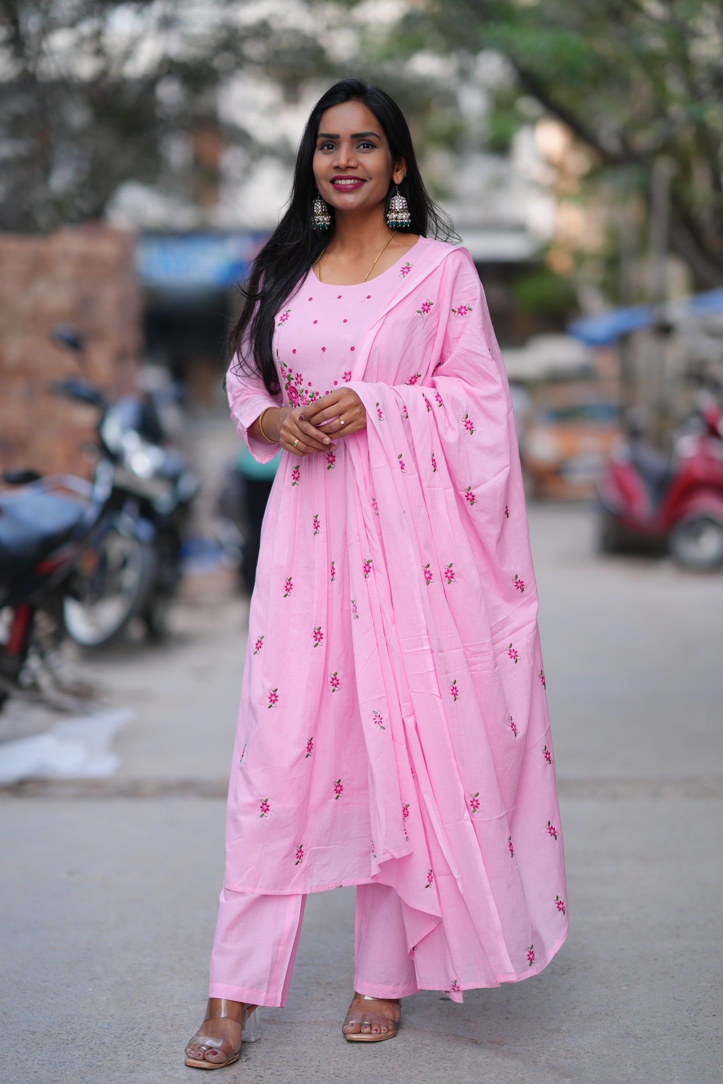Pink Color Mul Cotton 3 Piece Set With Embroidery Work
