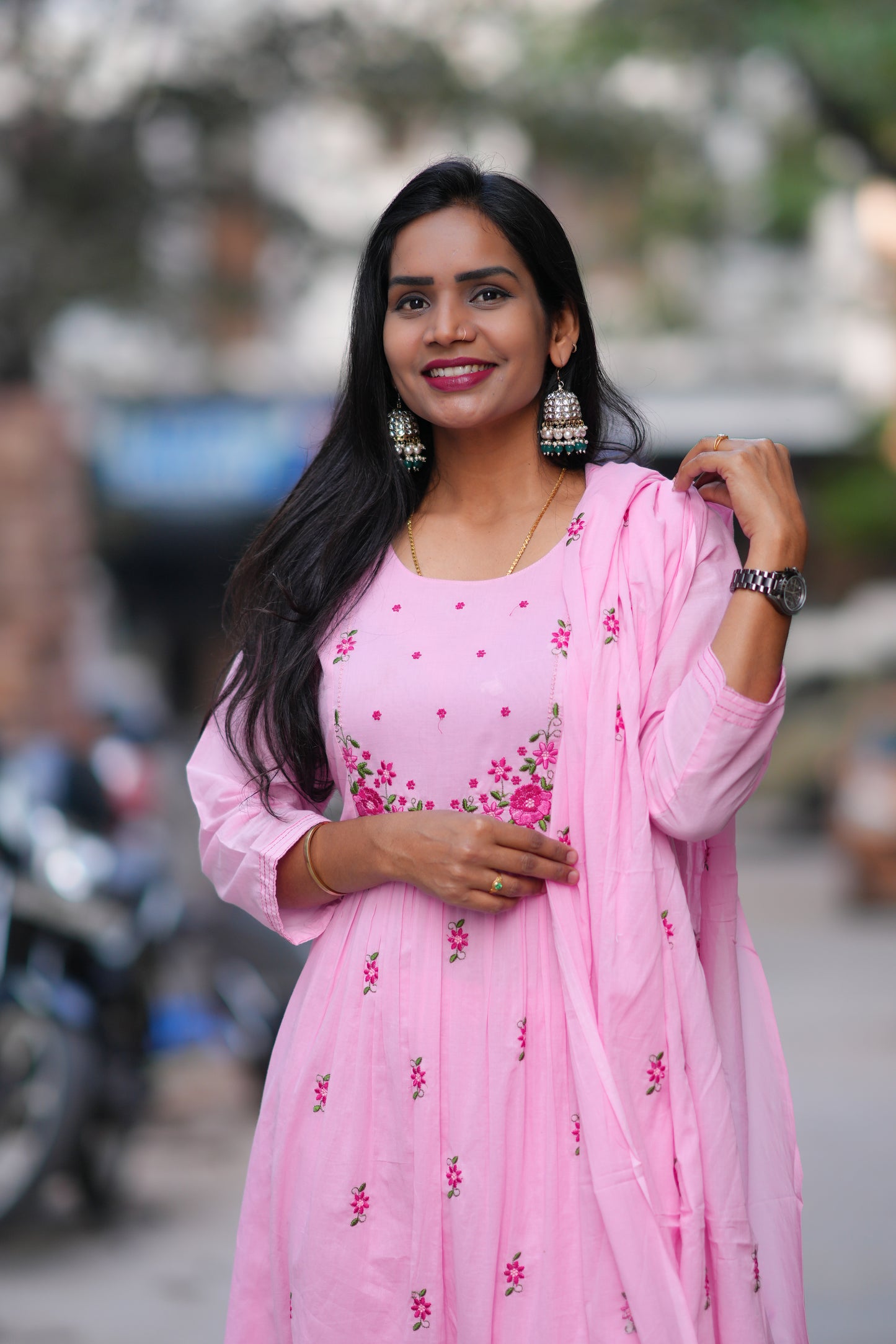Pink Color Mul Cotton 3 Piece Set With Embroidery Work