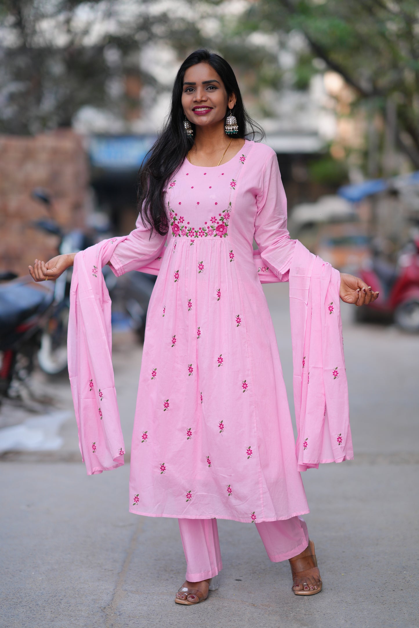 Pink Color Mul Cotton 3 Piece Set With Embroidery Work