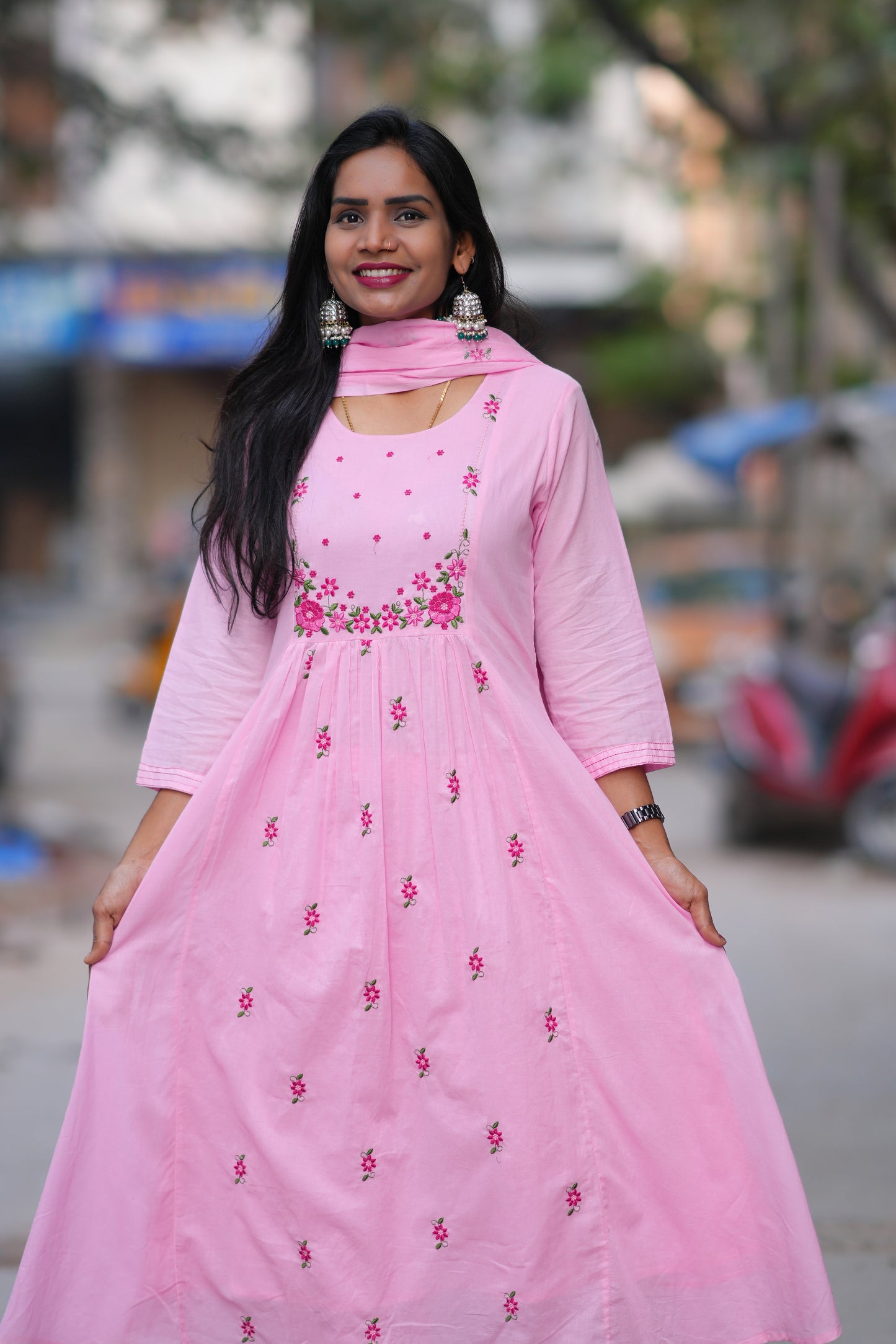 Pink Color Mul Cotton 3 Piece Set With Embroidery Work