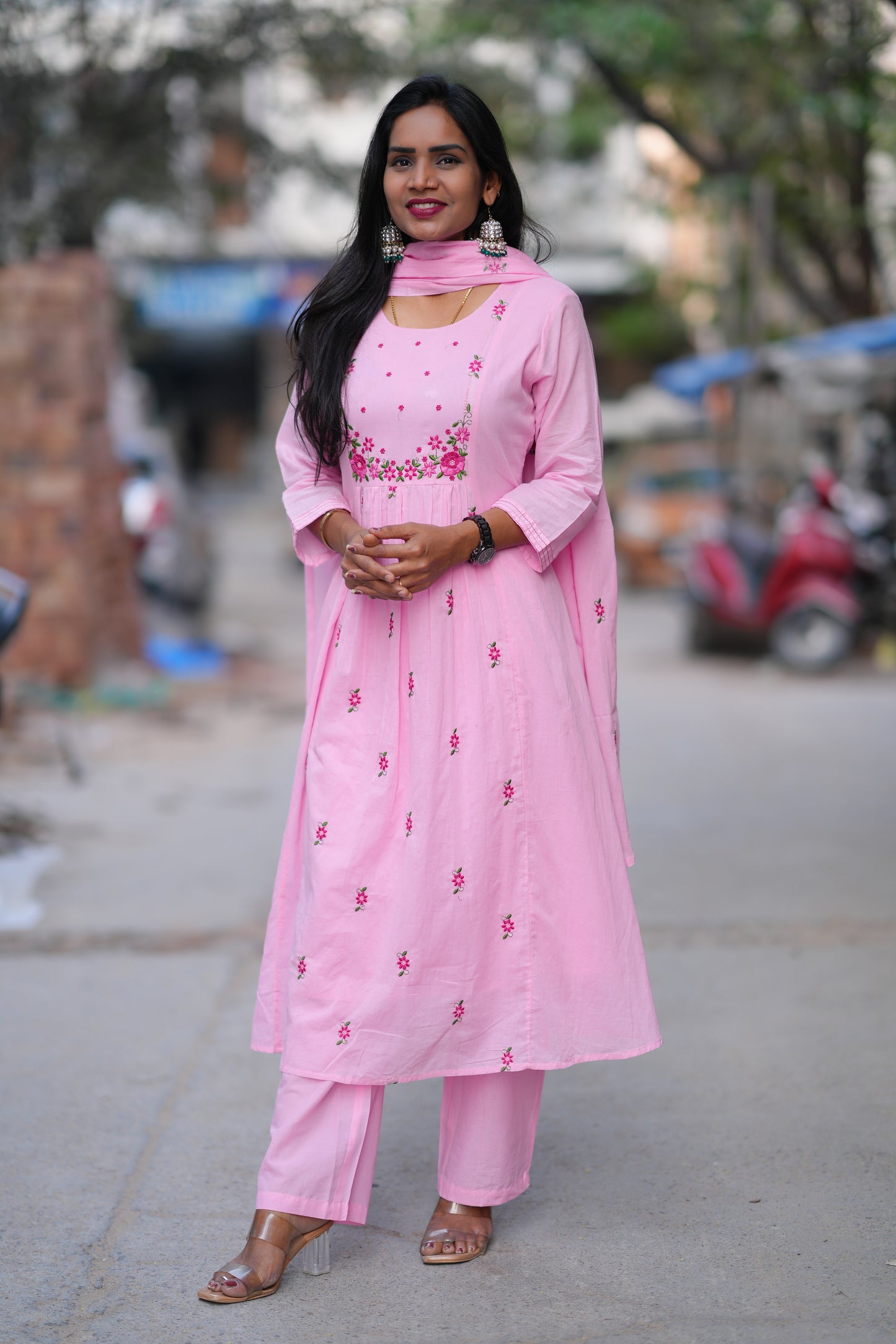 Pink Color Mul Cotton 3 Piece Set With Embroidery Work