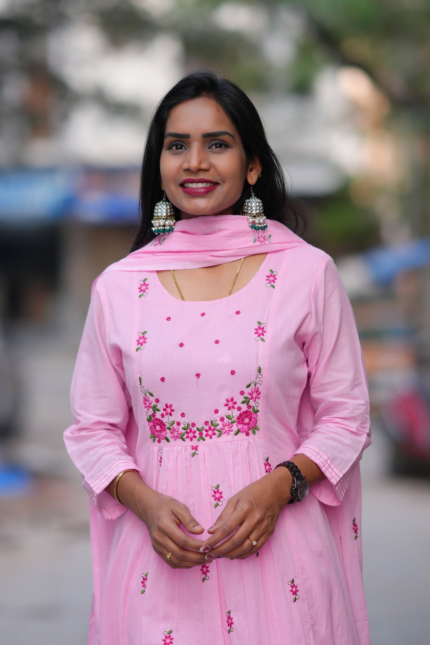 Pink Color Mul Cotton 3 Piece Set With Embroidery Work