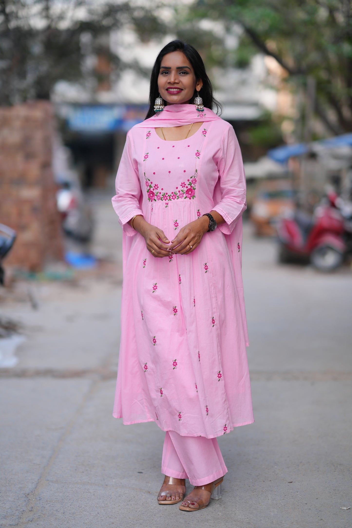 Pink Color Mul Cotton 3 Piece Set With Embroidery Work