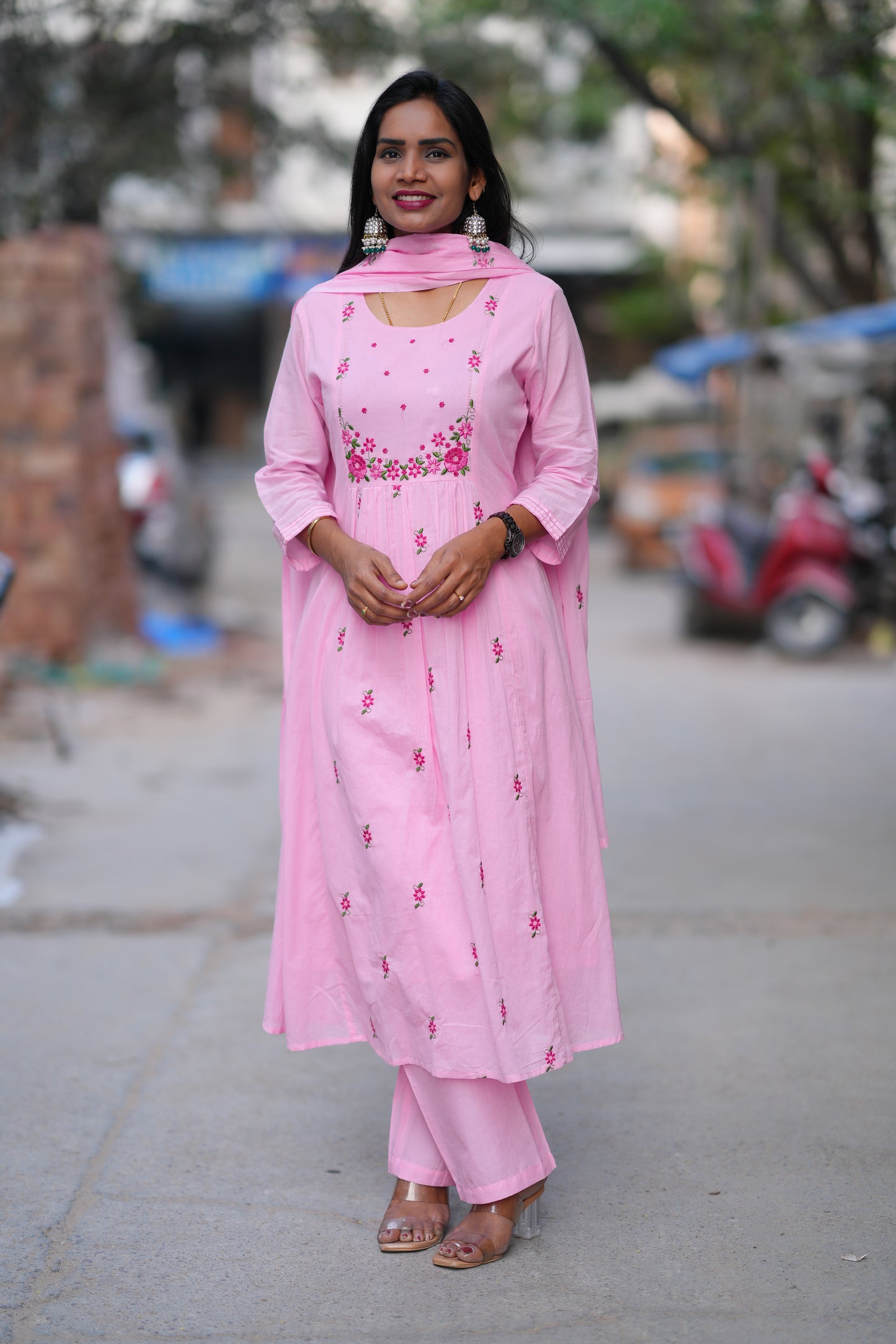 Pink Color Mul Cotton 3 Piece Set With Embroidery Work