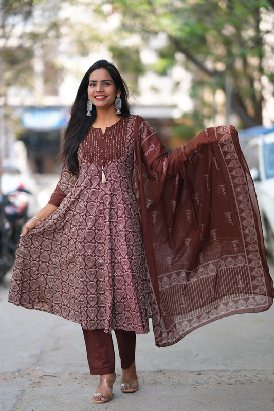 Dark Brown Color Anarkali 3 piece set With Complete Lining