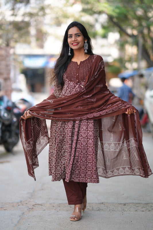 Brown Color Jaipur Cotton 3 Piece Set With Complete Lining
