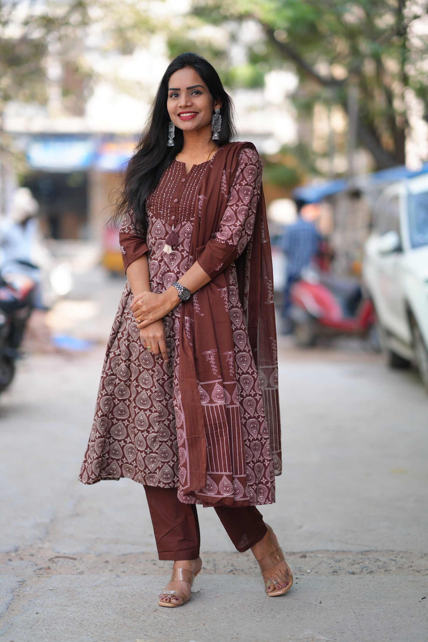 Dark Brown Color Anarkali 3 piece set With Complete Lining