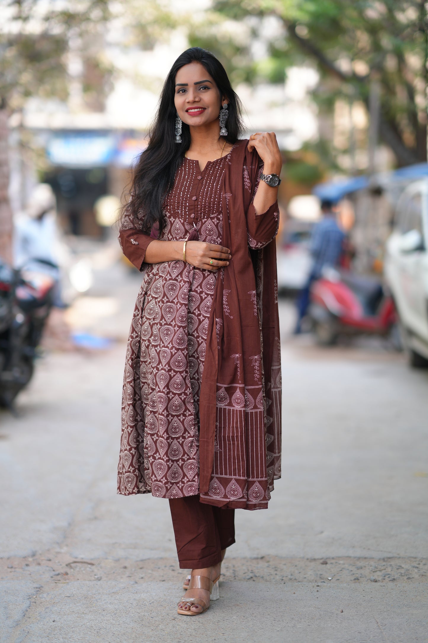 Dark Brown Color Anarkali 3 piece set With Complete Lining