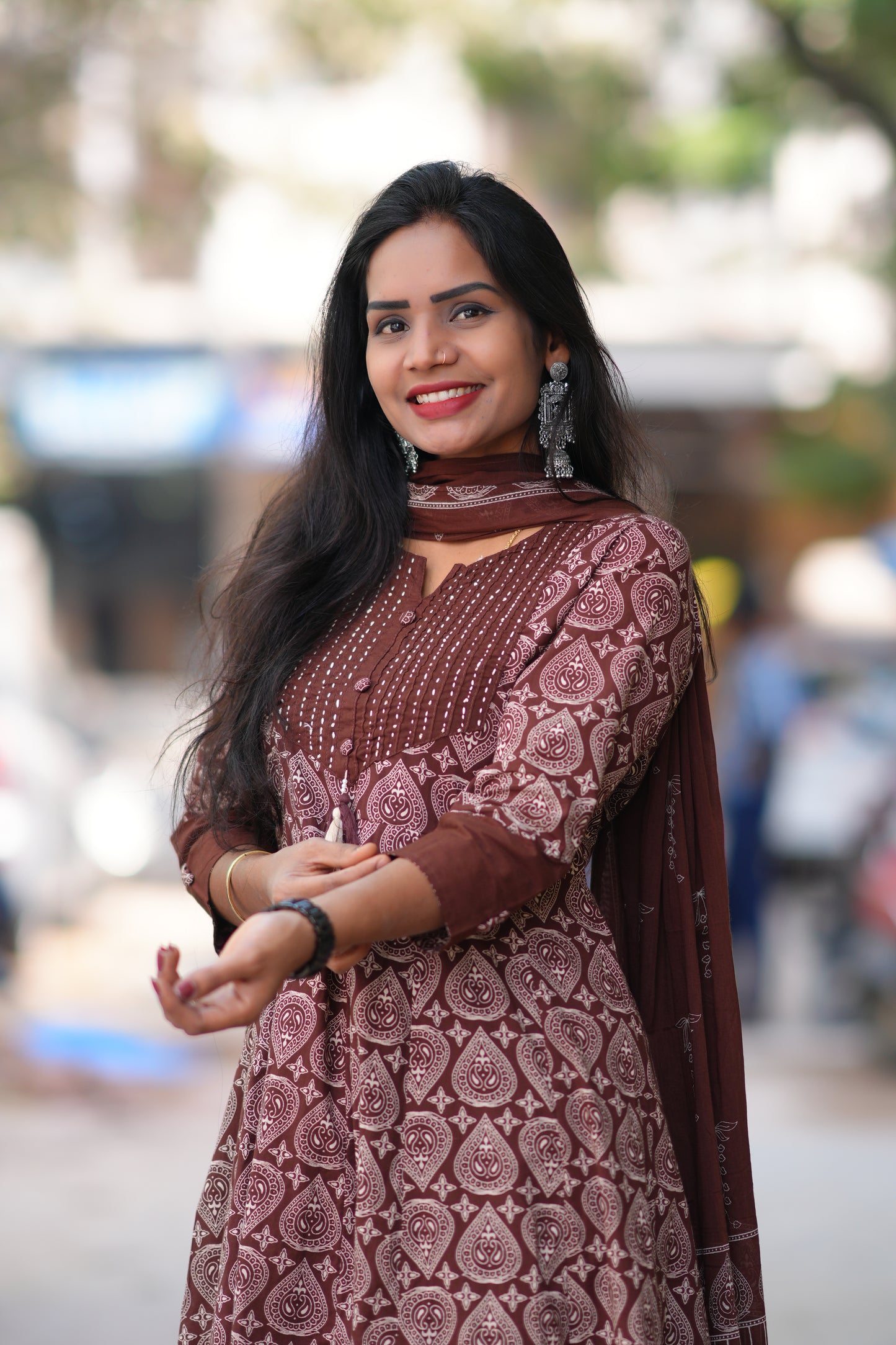 Dark Brown Color Anarkali 3 piece set With Complete Lining