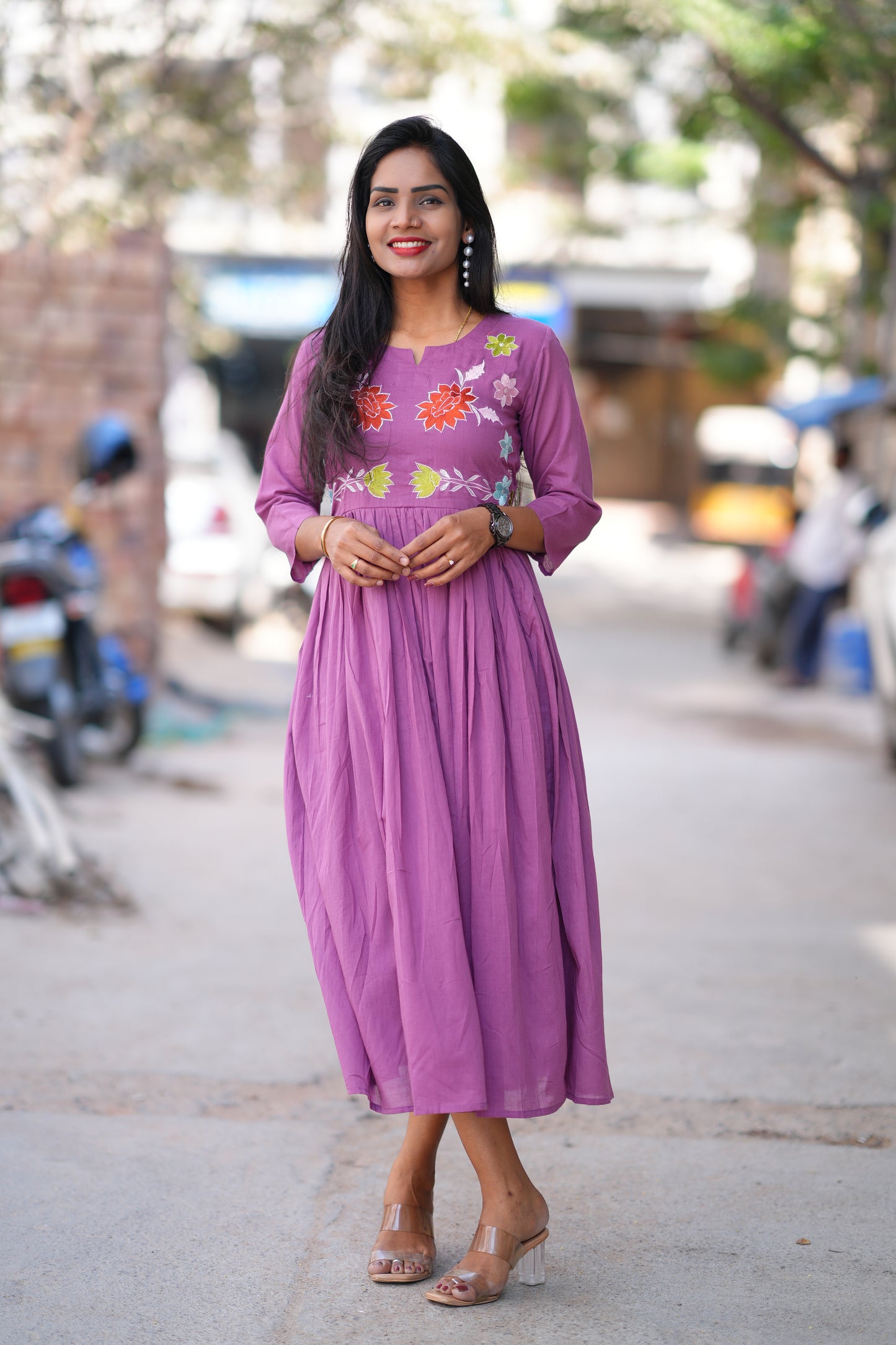 Purple Color Mul Cotton Frock With Complete Lining and Embroidery Work