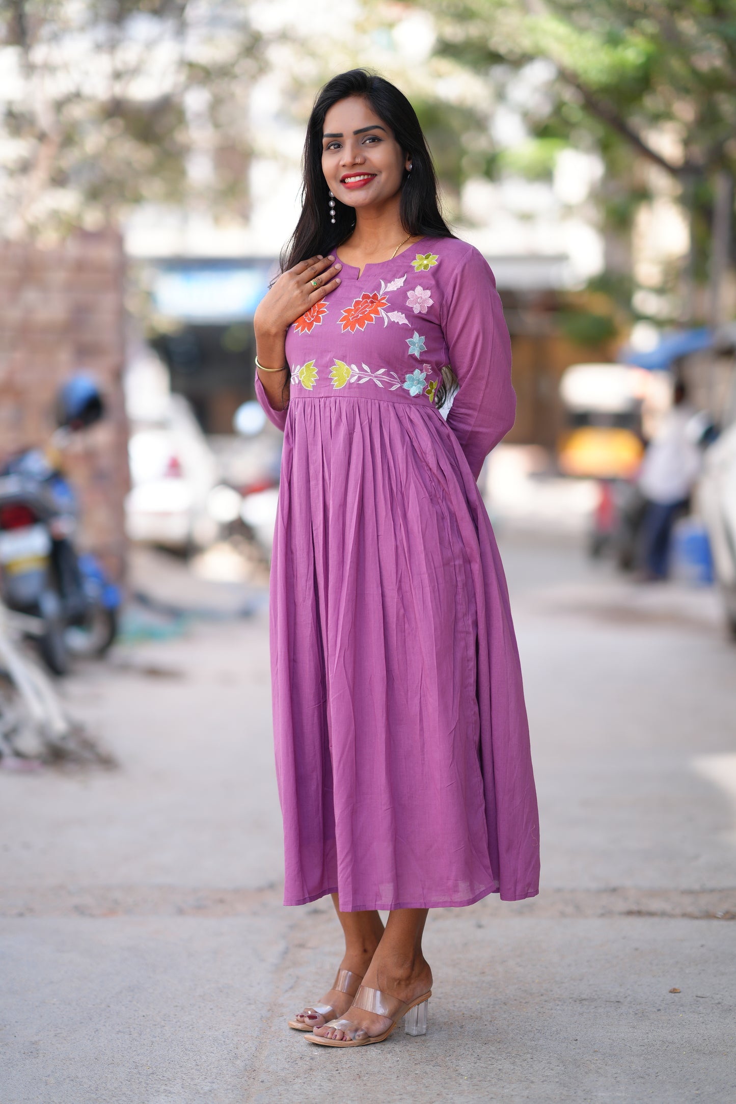 Purple Color Mul Cotton Frock With Complete Lining and Embroidery Work