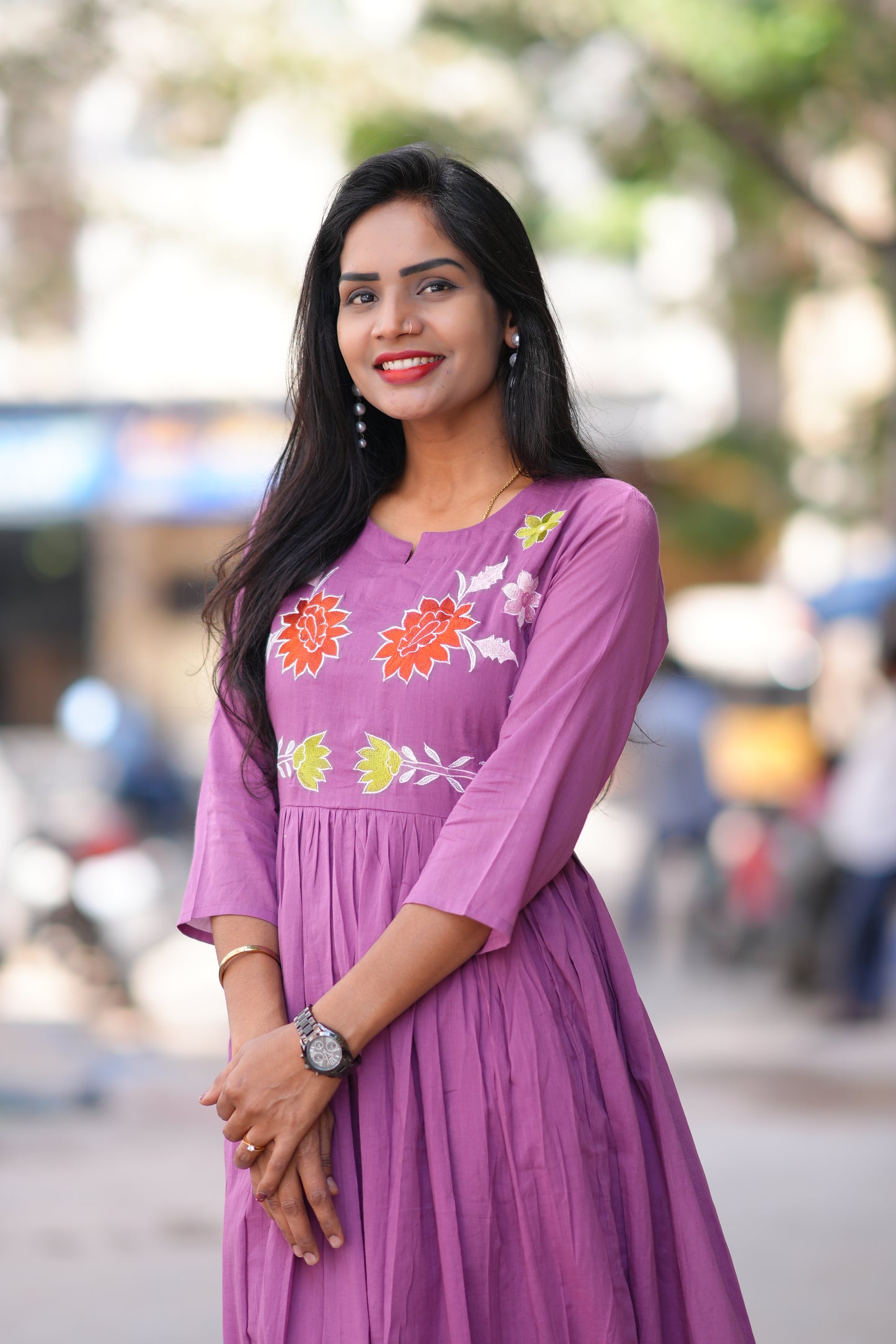 Purple Color Mul Cotton Frock With Complete Lining and Embroidery Work