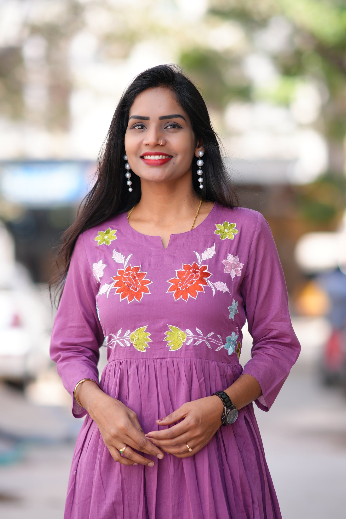 Purple Color Mul Cotton Frock With Complete Lining and Embroidery Work