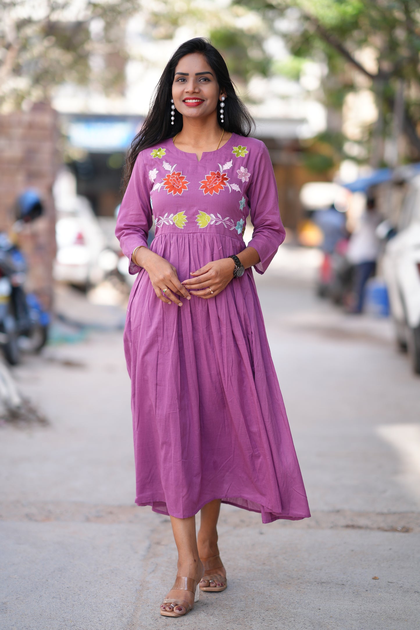 Purple Color Mul Cotton Frock With Complete Lining and Embroidery Work