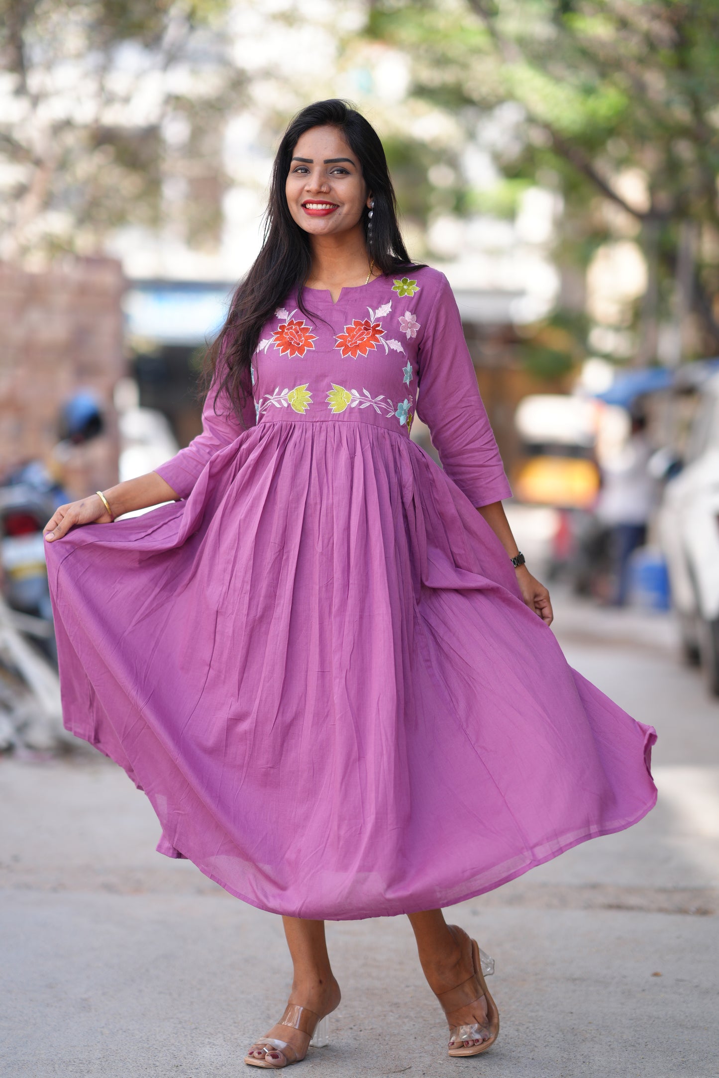 Purple Color Mul Cotton Frock With Complete Lining and Embroidery Work