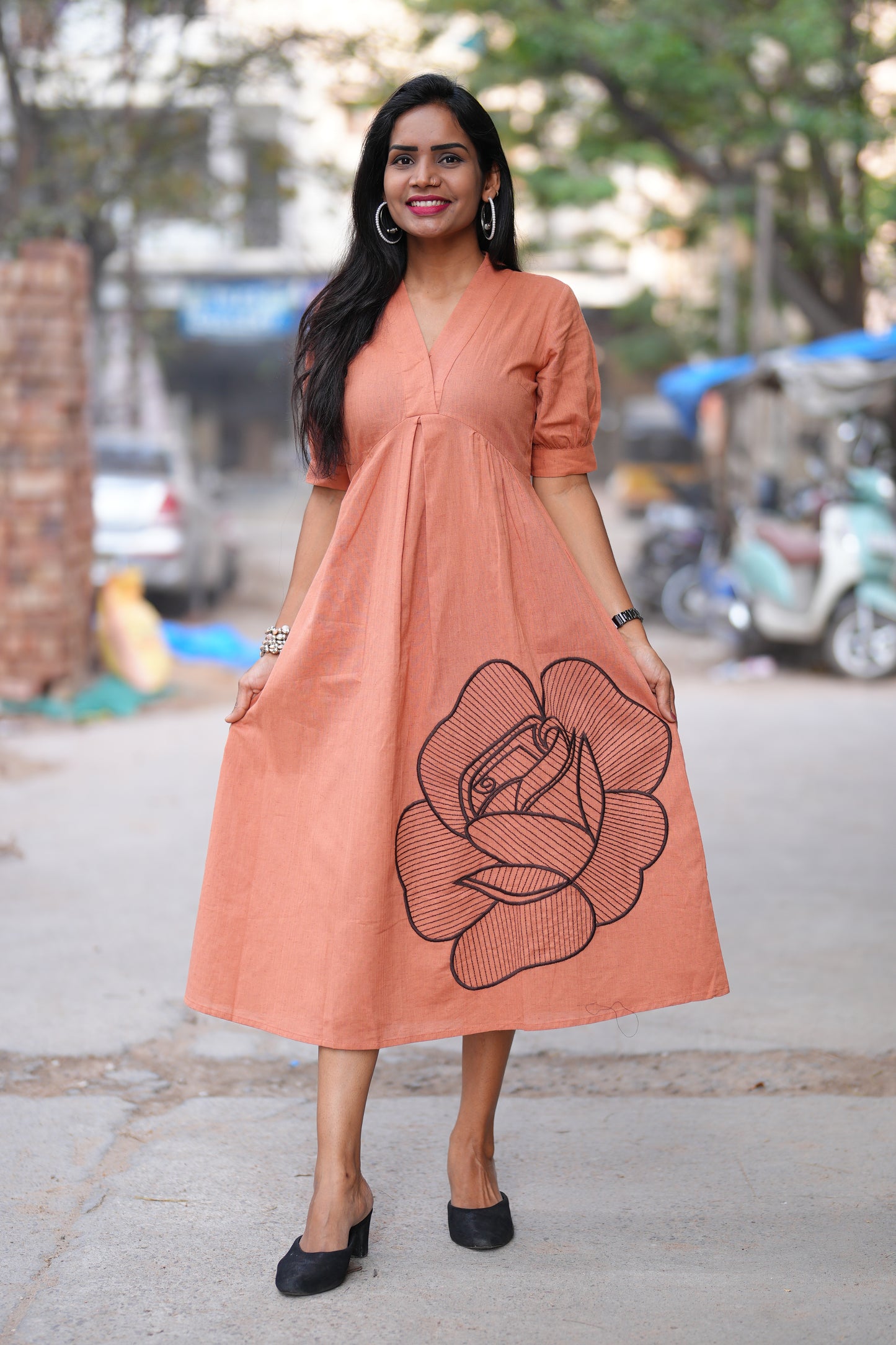Peach Orange Jaipuri Cotton Frock With Embroidery Work