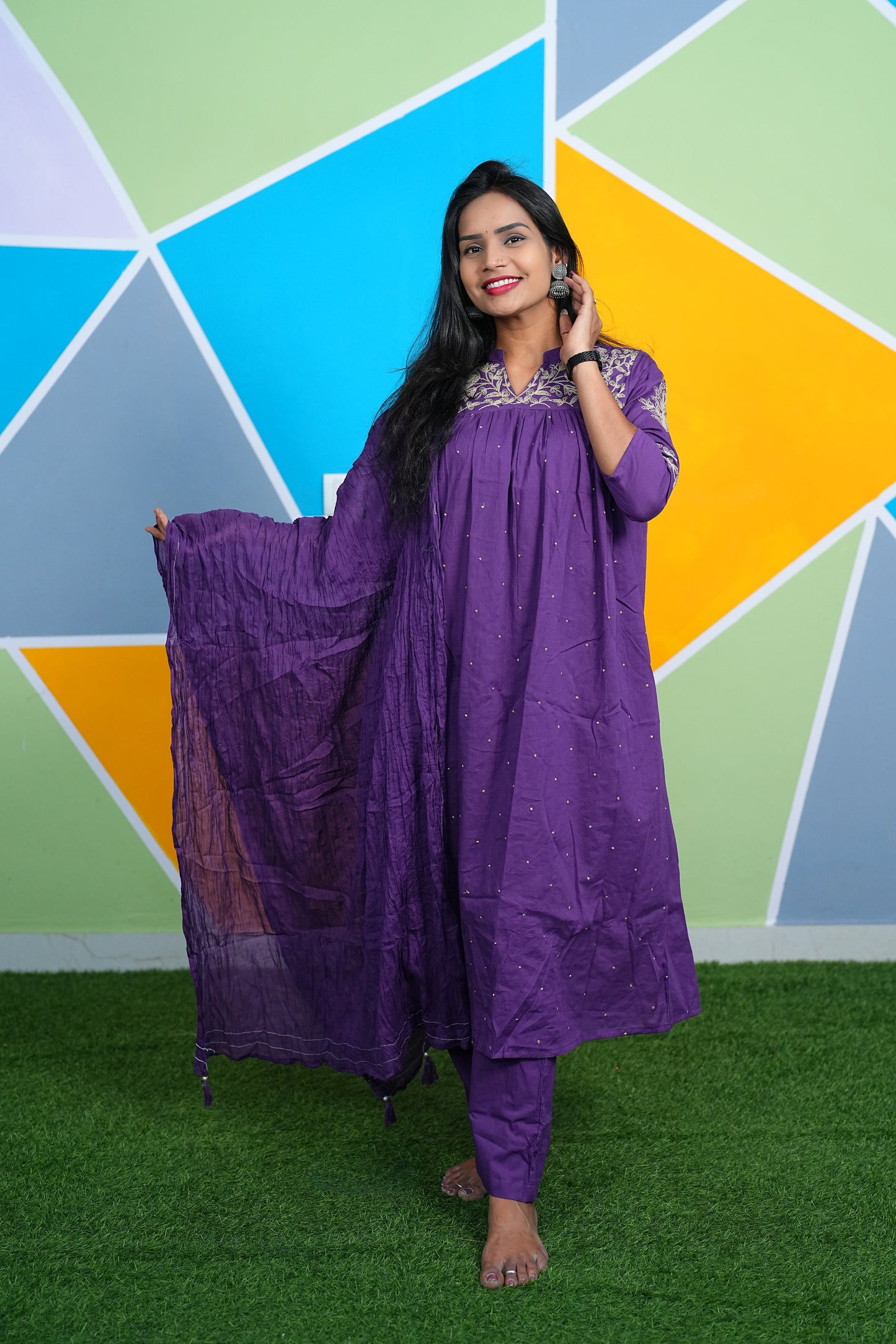 Purple Color Office Wear Cotton 3 Piece Set With Complete Lining