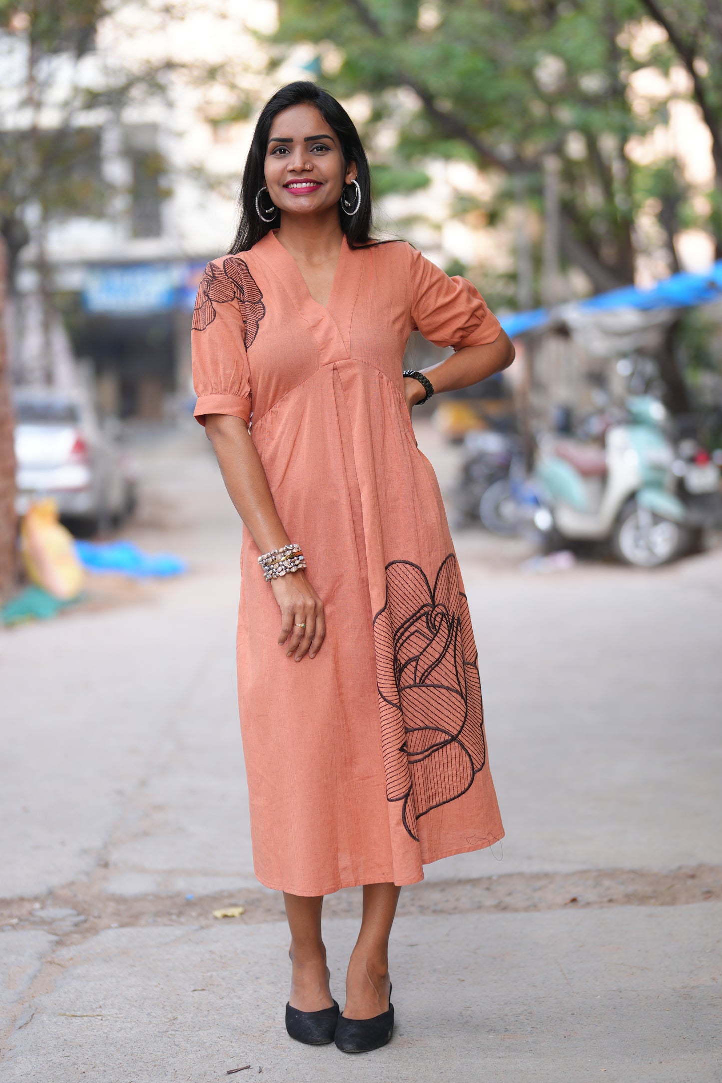 Peach Orange Jaipuri Cotton Frock With Embroidery Work