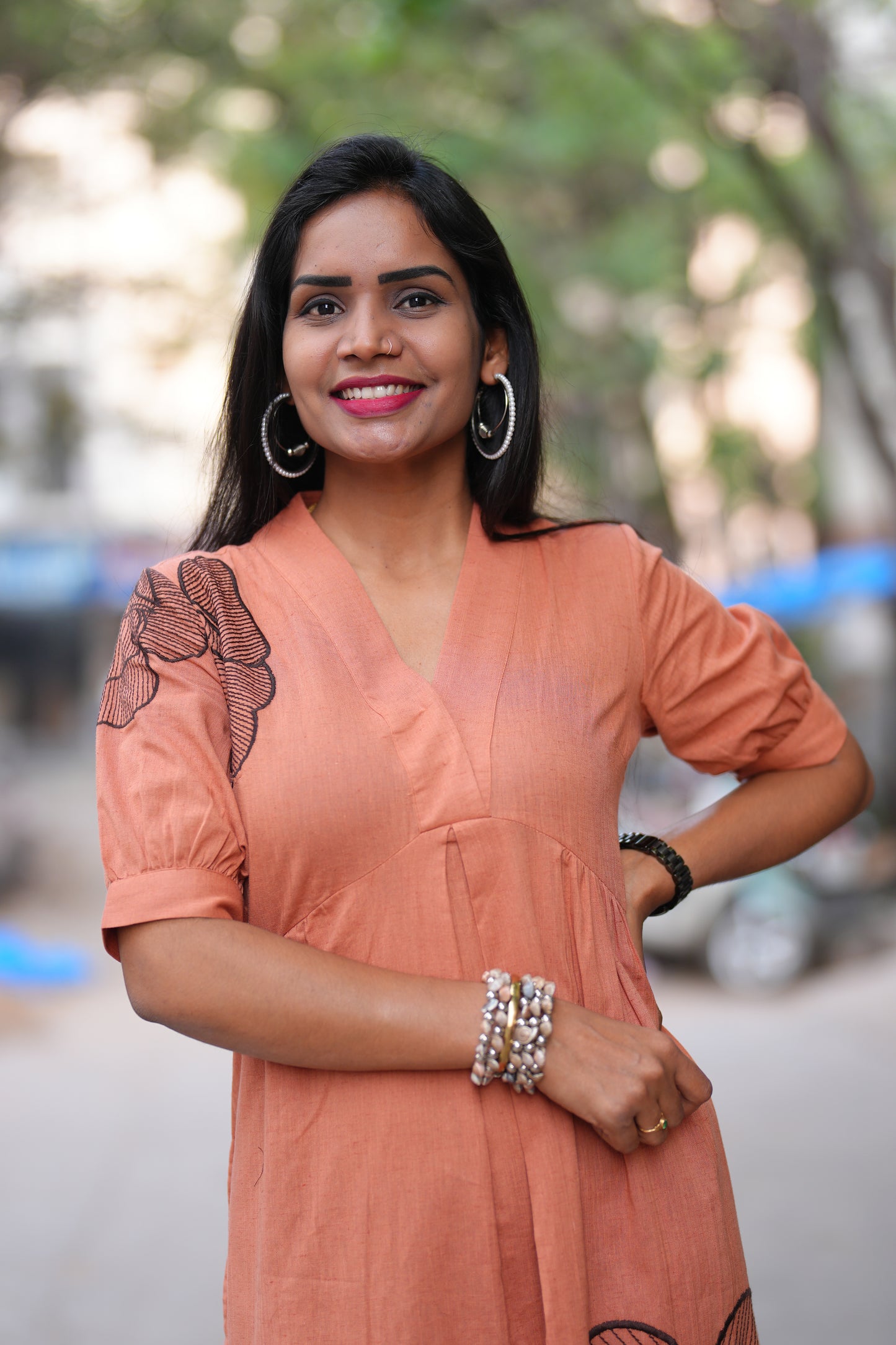 Peach Orange Jaipuri Cotton Frock With Embroidery Work